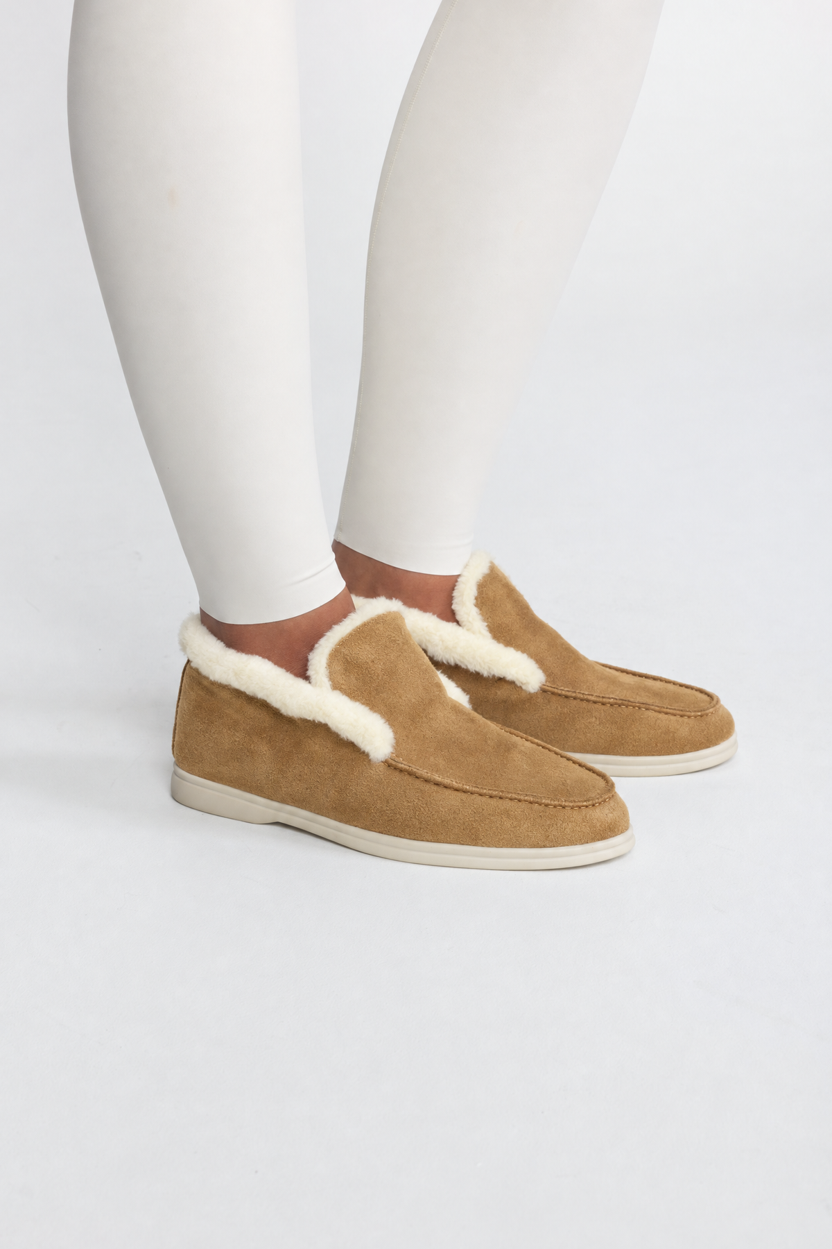 Plush Lined Suede-Effect Loafers - Camel