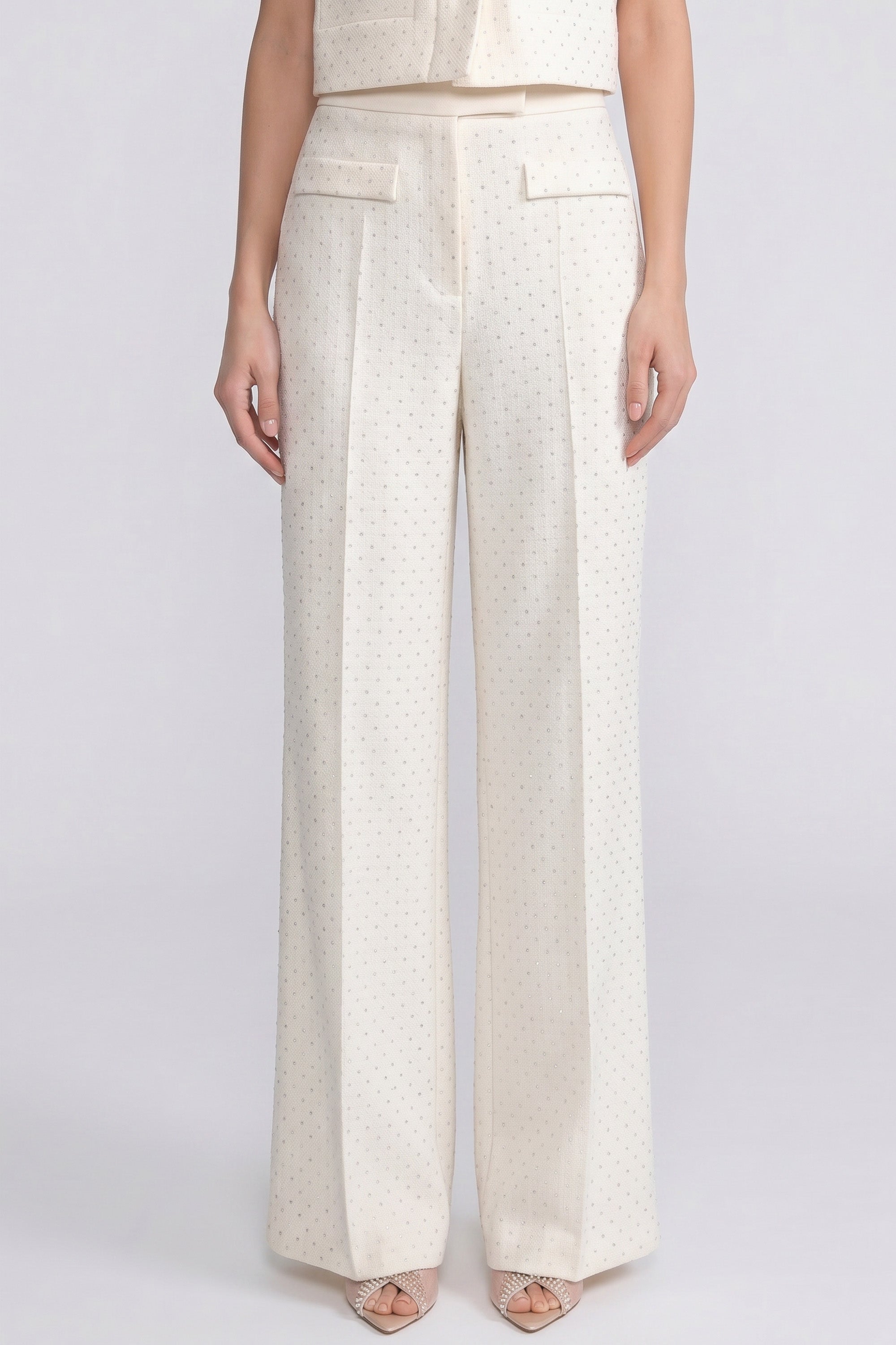 Wide-Leg Embellished Tweed Trousers With Patch Pockets - Ivoire