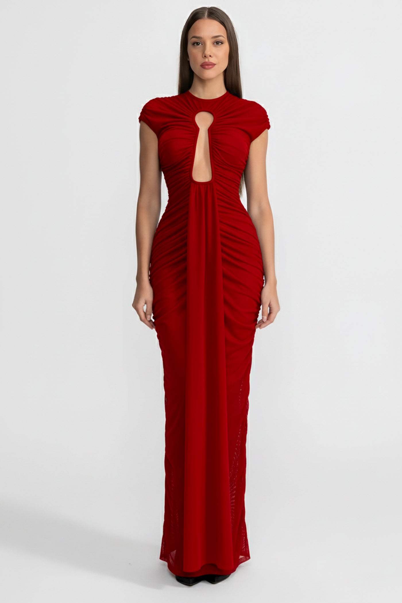 Draped Cut-Out Gown With Gathered Detailing  – Red