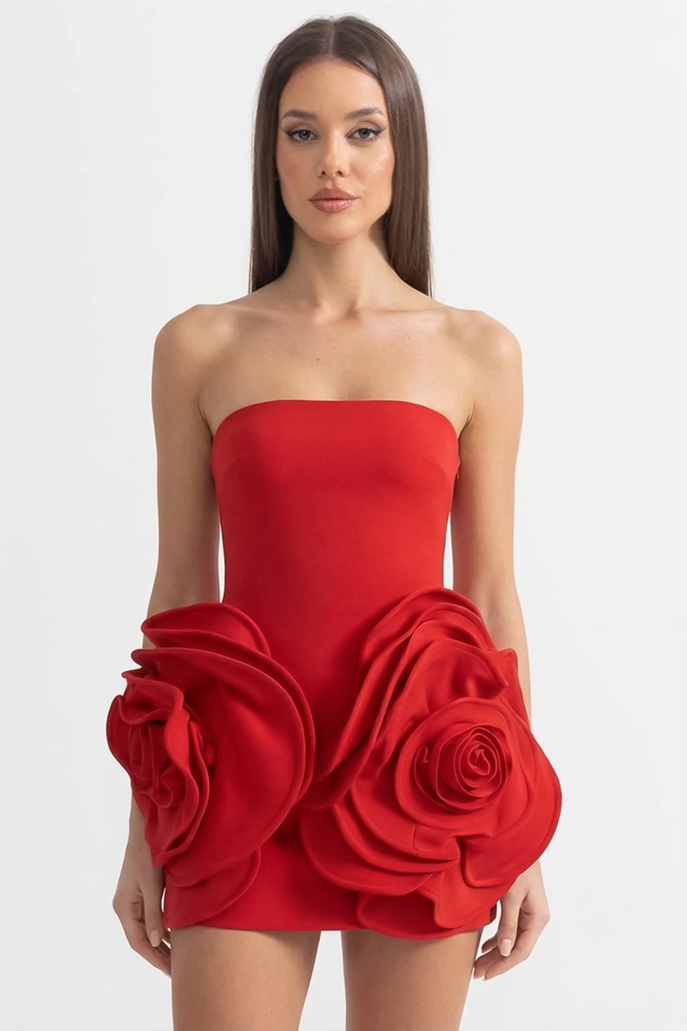 Strapless Sculptural Mini Dress with 3D Floral Appliqués – Red