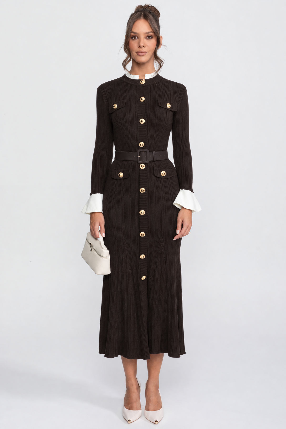 Ribbed Knit Belted Midi Dress With White Cuffs And Collar - Brown