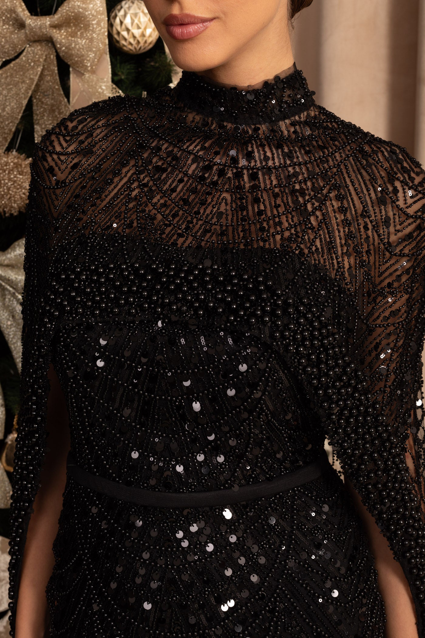 Glamorous Beaded Gown With Detachable Veil - Black