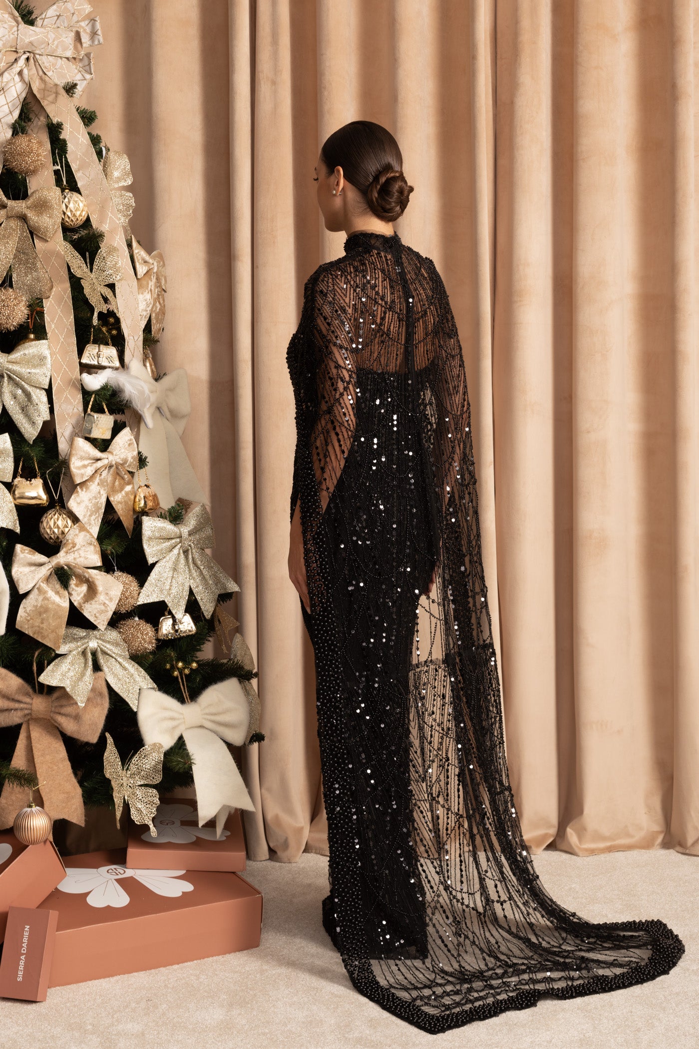 Glamorous Beaded Gown With Detachable Veil - Black