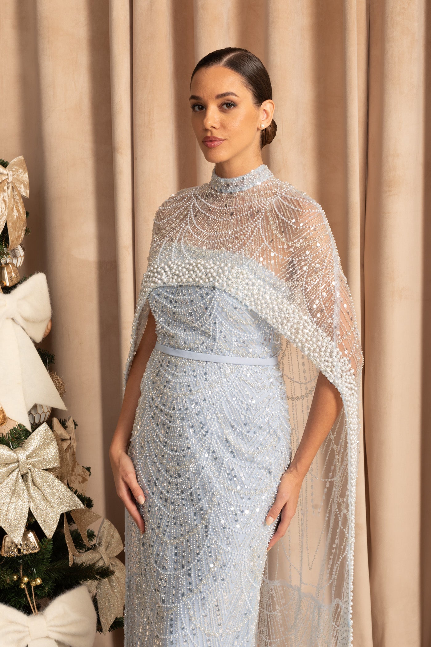 Glamorous Beaded Gown With Detachable Veil - Blue