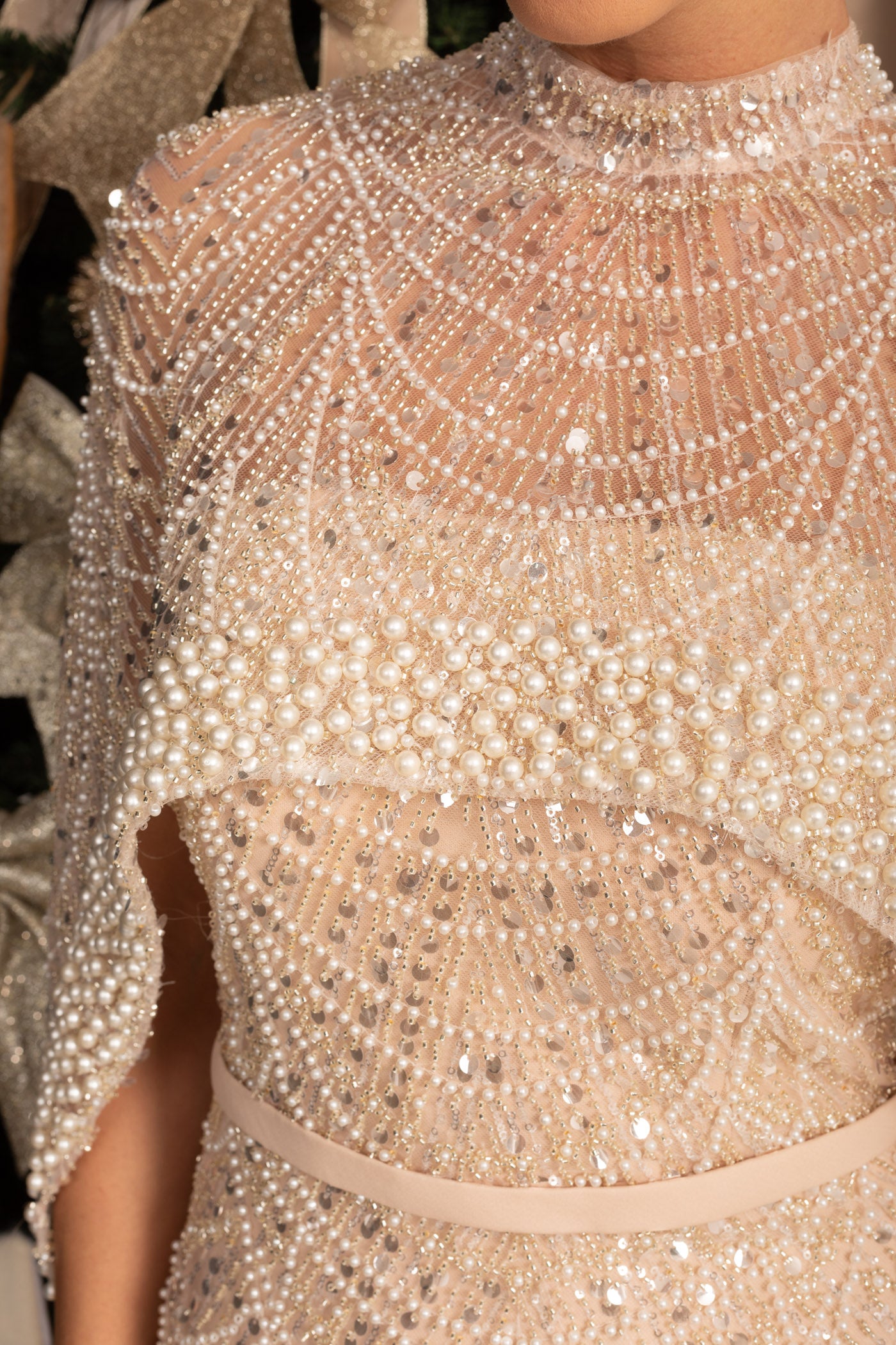 Glamorous Beaded Gown With Detachable Veil - Beige