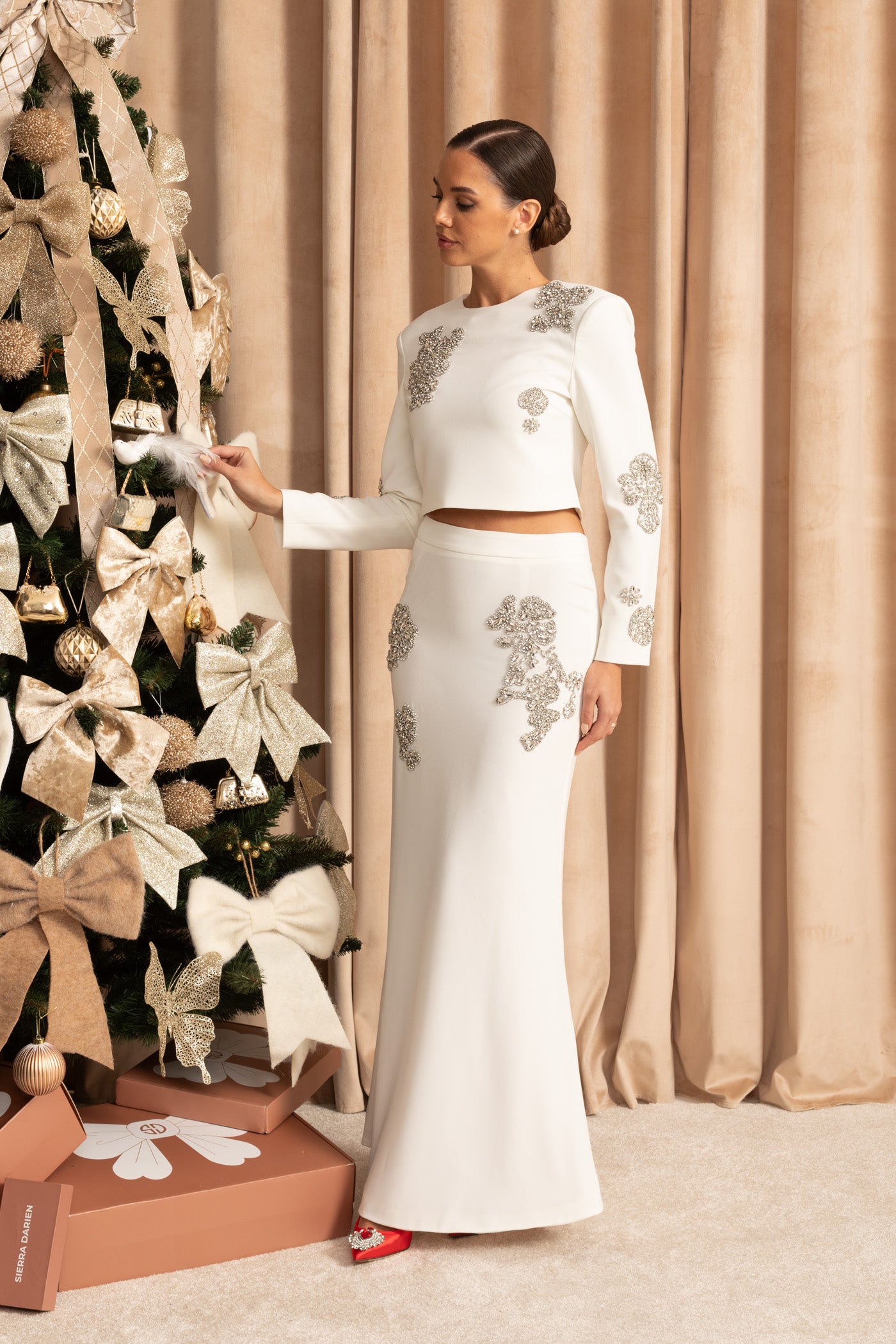 Embellished Co-Ord Set with Sparkling Crystal Embellishments - White
