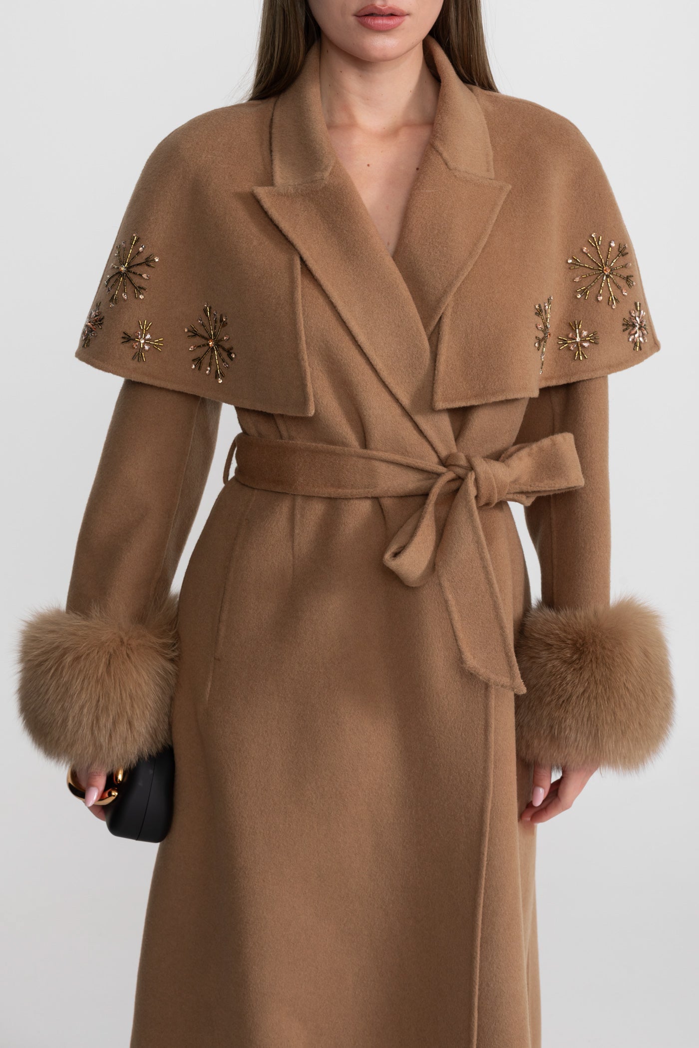 Embellished Wool Coat with Fox Fur Cuffs And Cape Overlay - Light Brown