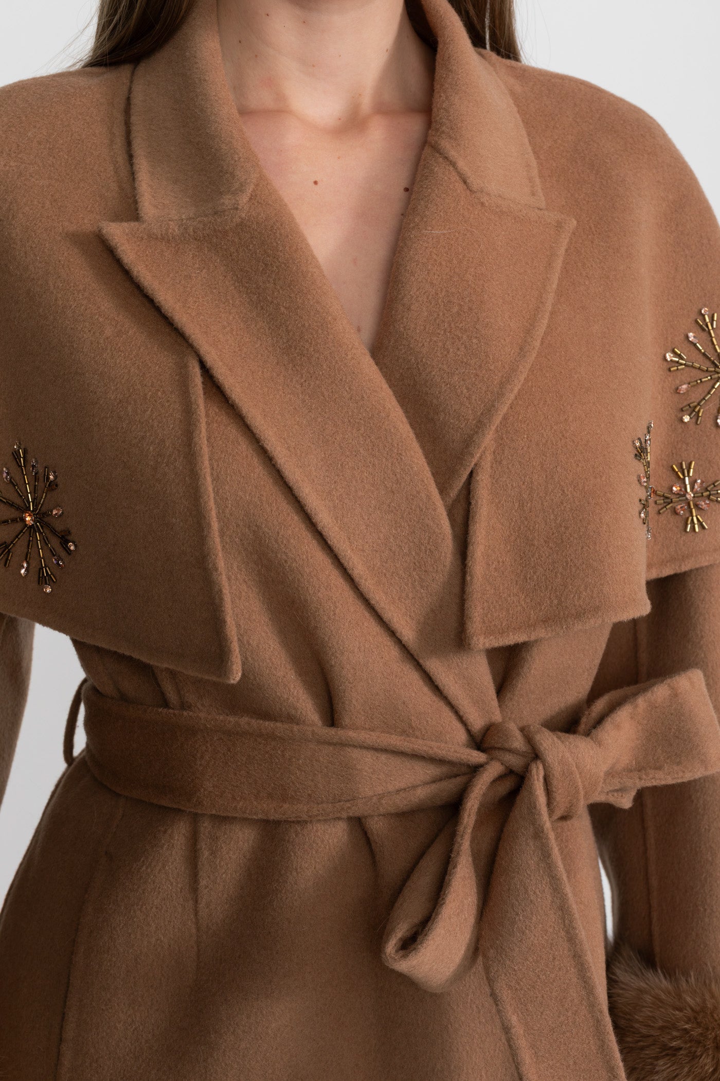 Embellished Wool Coat with Fox Fur Cuffs And Cape Overlay - Light Brown