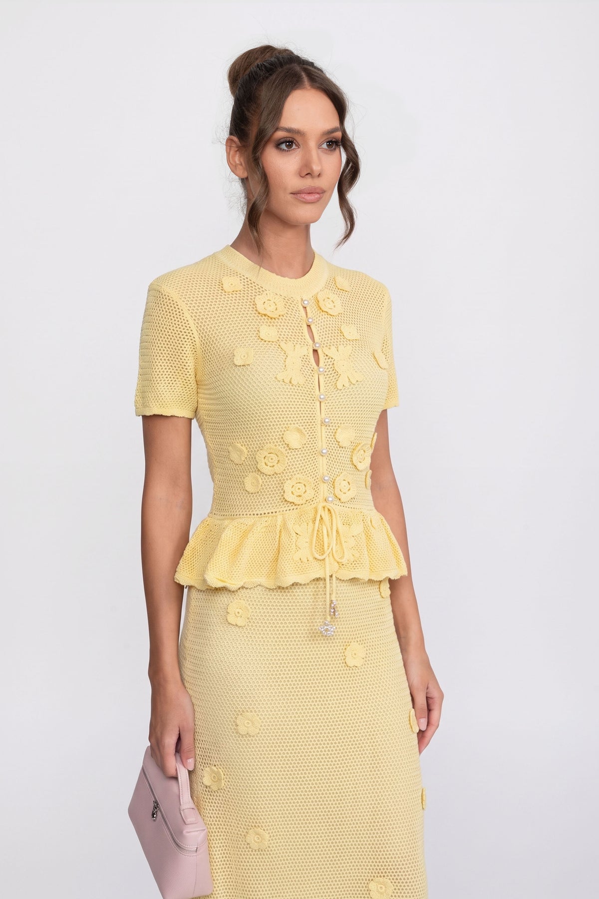 Floral Crochet Peplum Maxi Dress With Drawstring Waist - Yellow
