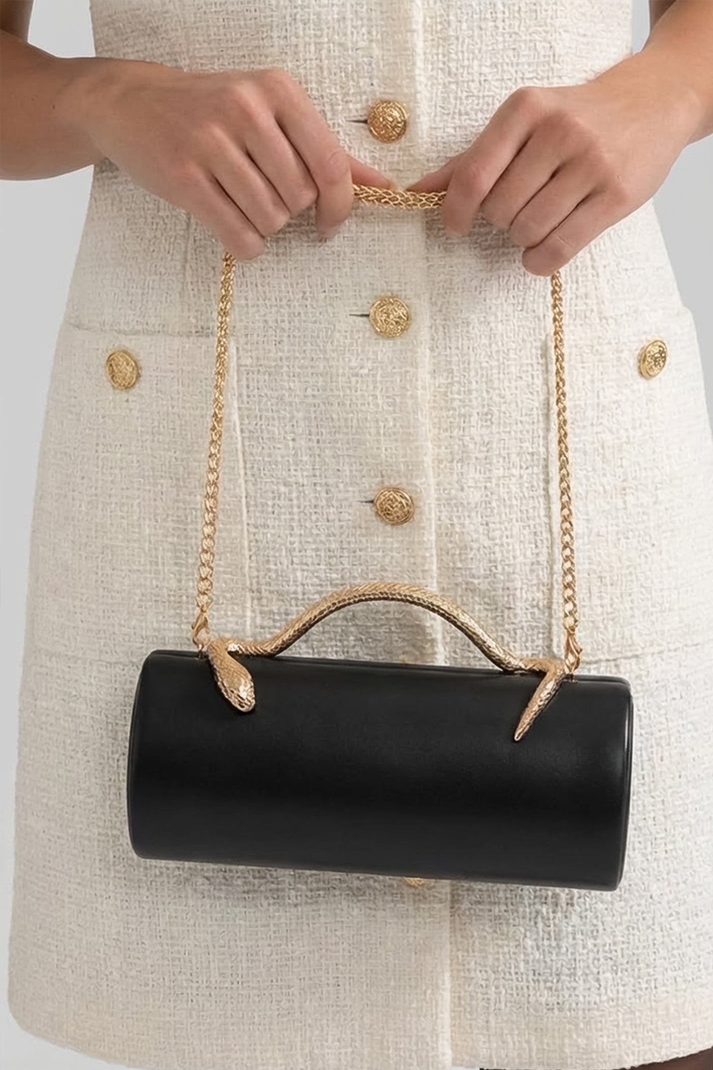 Structured Clutch Bag with Snake Handle And Gold Chain – Black