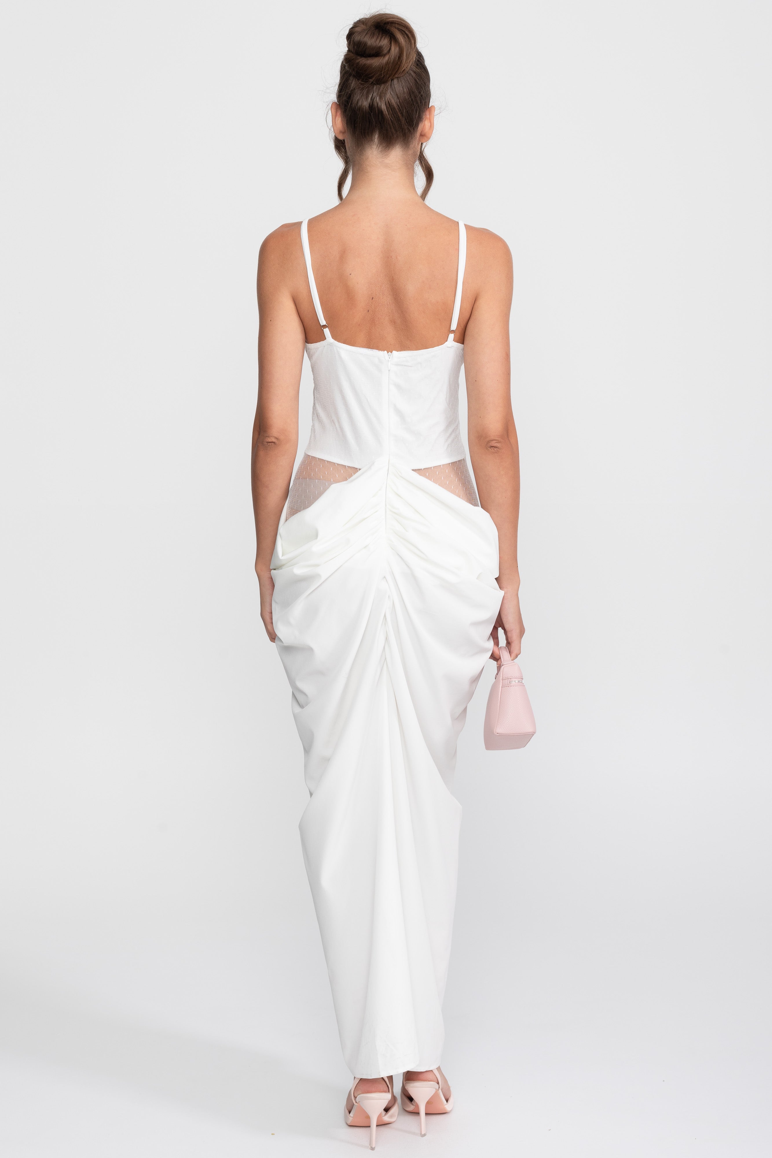 Lace Bodice Draped Gown With Spaghetti Straps - White