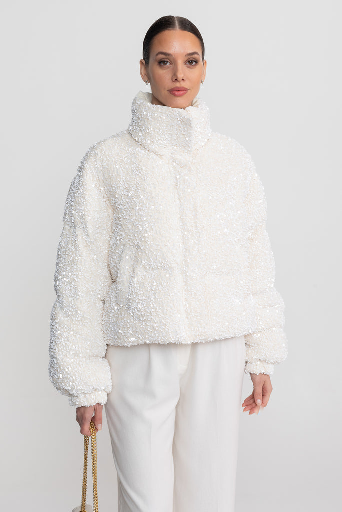 Sequin Puffer Jacket With High Stand Collar – White