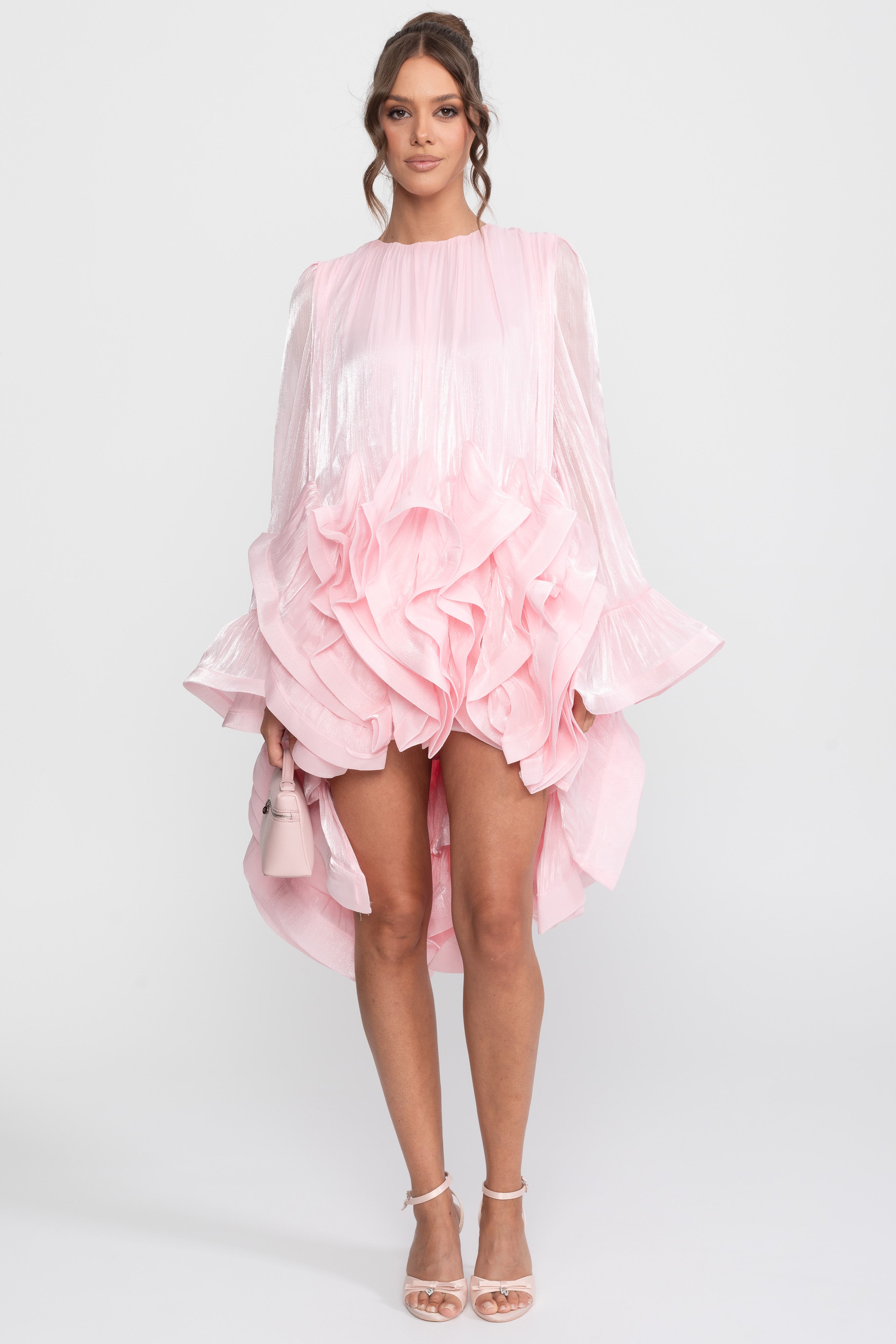 Asymmetric Ruffle Hem Mini Dress With Satin Finish - Pink