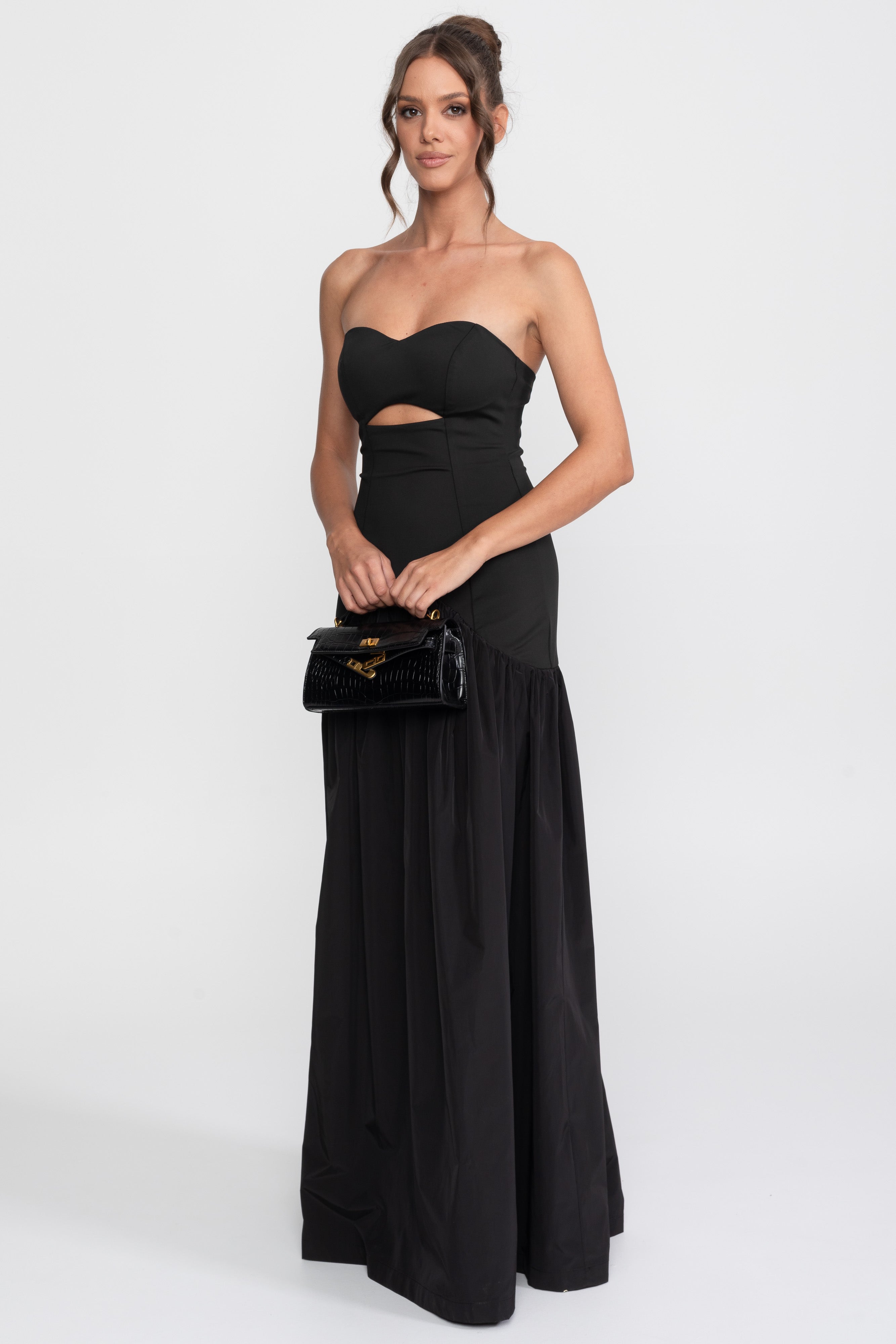 Cutout Sweetheart Drop-Waist Gown With Gathered Skirt - Black