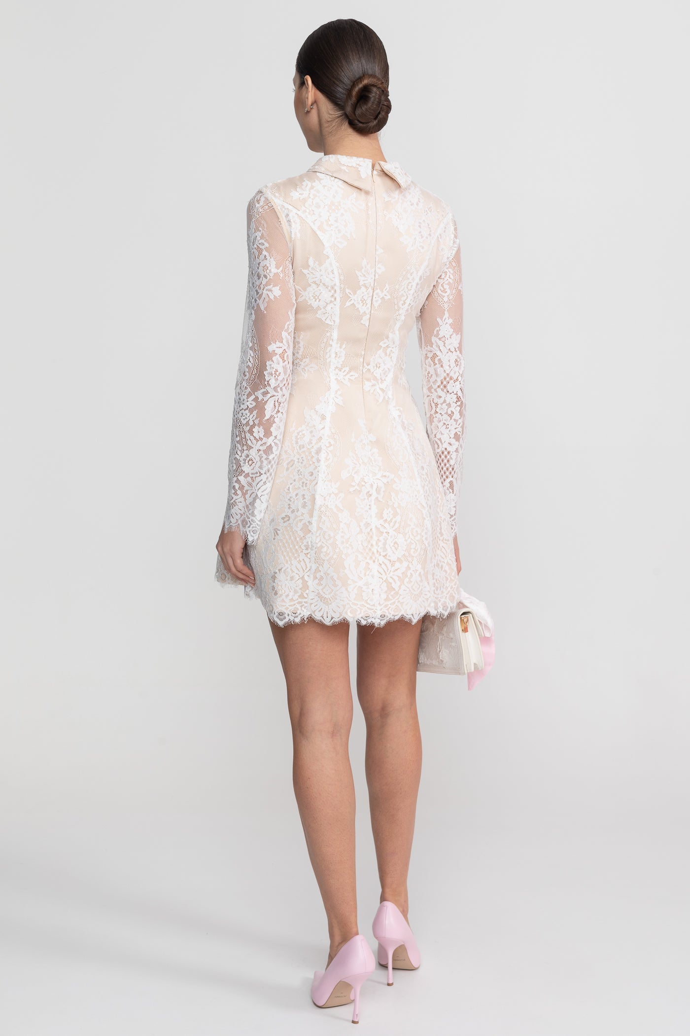 Long Sleeve Lace Mini Dress With Collared Neckline With Sheer Overlay - Ivoire