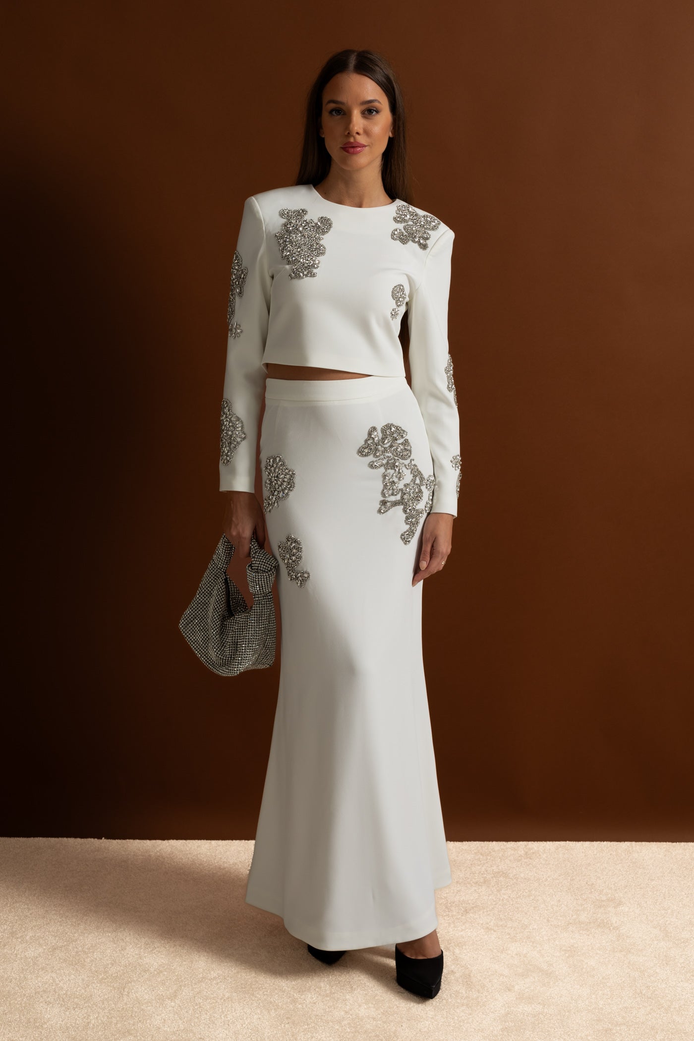 Embellished Co-Ord Set with Sparkling Crystal Embellishments - White