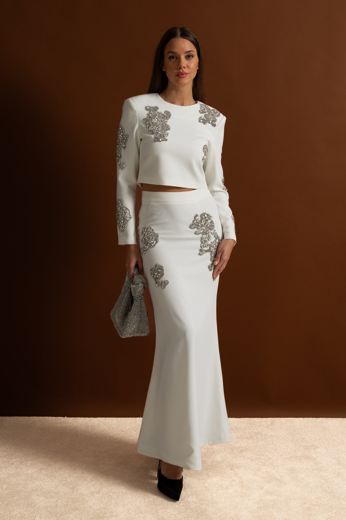 Embellished Co-Ord Set with Sparkling Crystal Embellishments - White