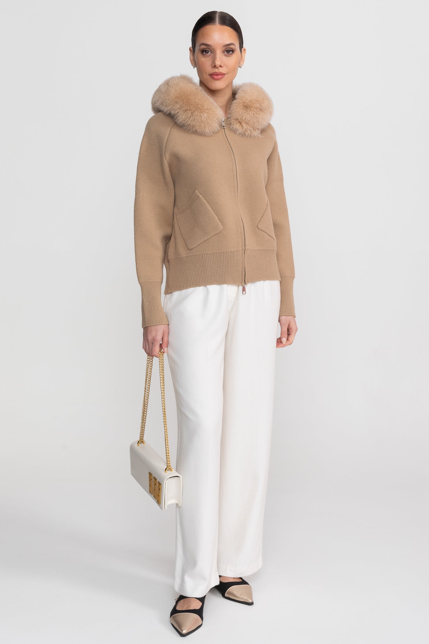 Zip-Up Wool Hoodie With Fox Fur Collar – Brown