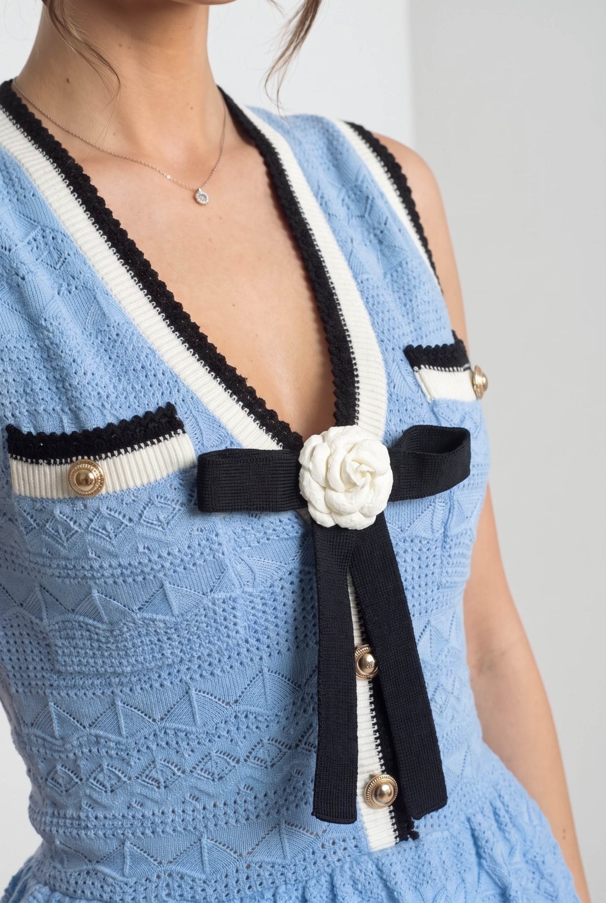 Peplum Knit Mini Dress With Contrast Trim And Bow - Light Blue