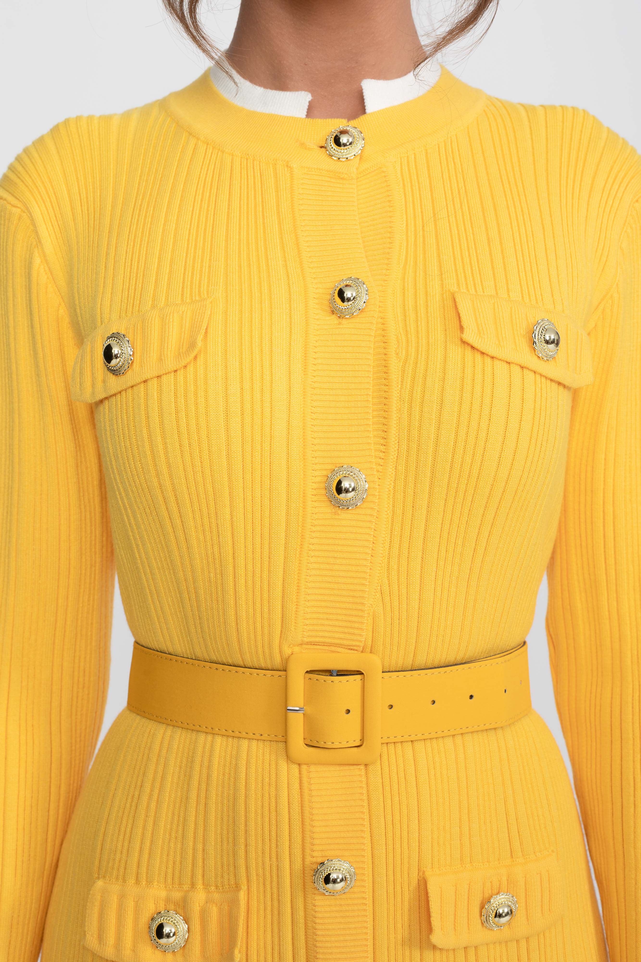 Ribbed Knit Belted Midi Dress With White Cuffs And Collar - Yellow