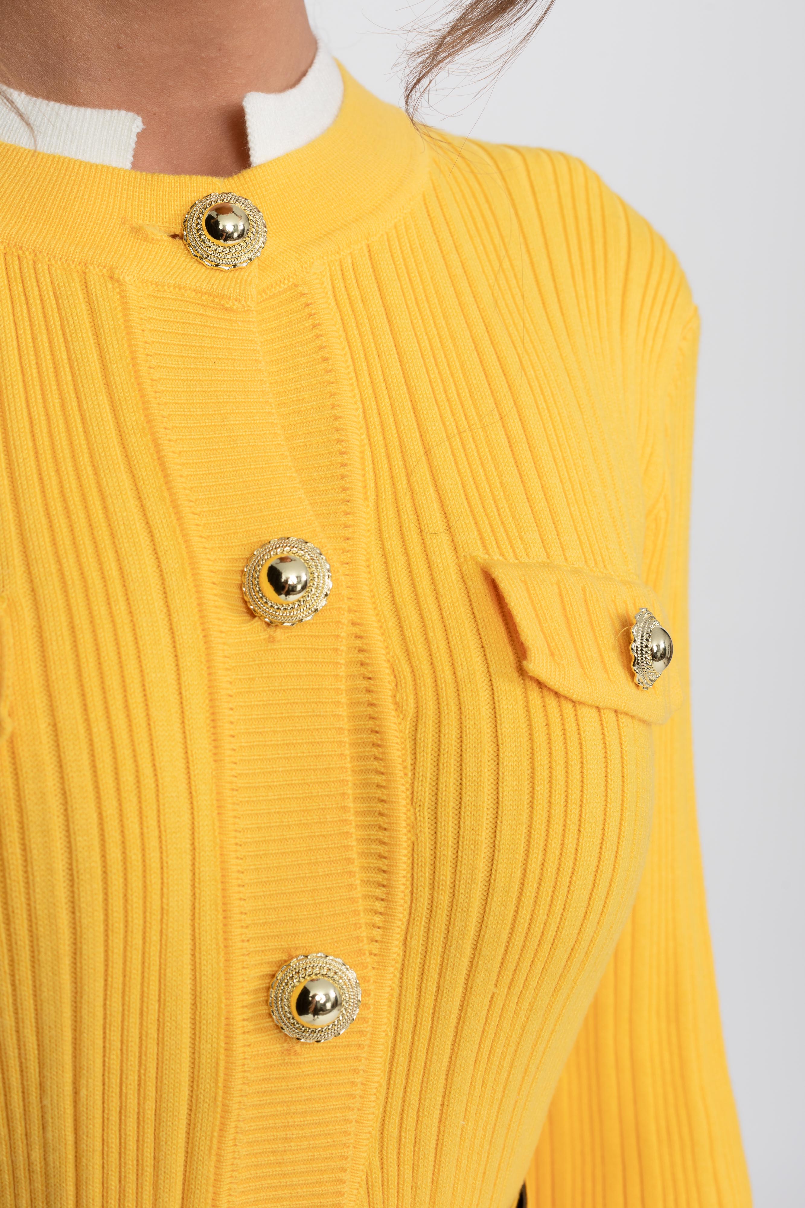 Ribbed Knit Belted Midi Dress With White Cuffs And Collar - Yellow