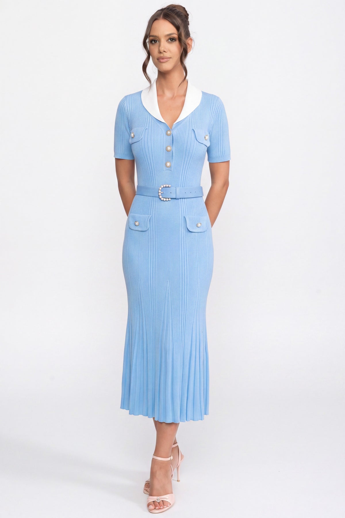Ribbed Knit Midi Dress With White Collar And Pearl Belt - Light Blue