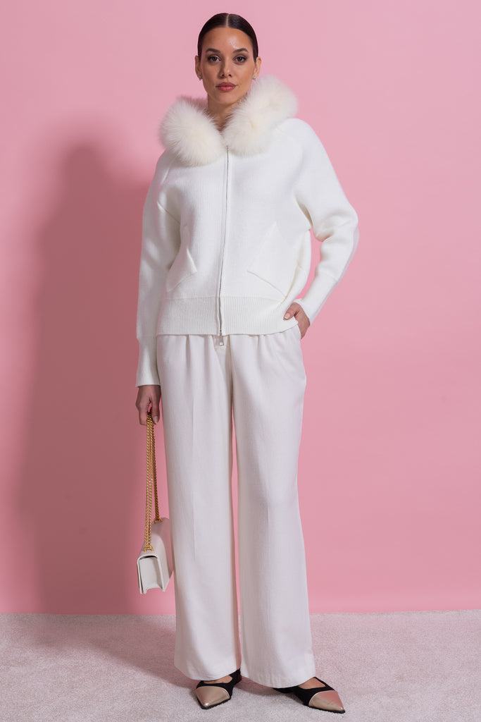 Zip-Up Wool Hoodie With Fox Fur Collar – Ivoire