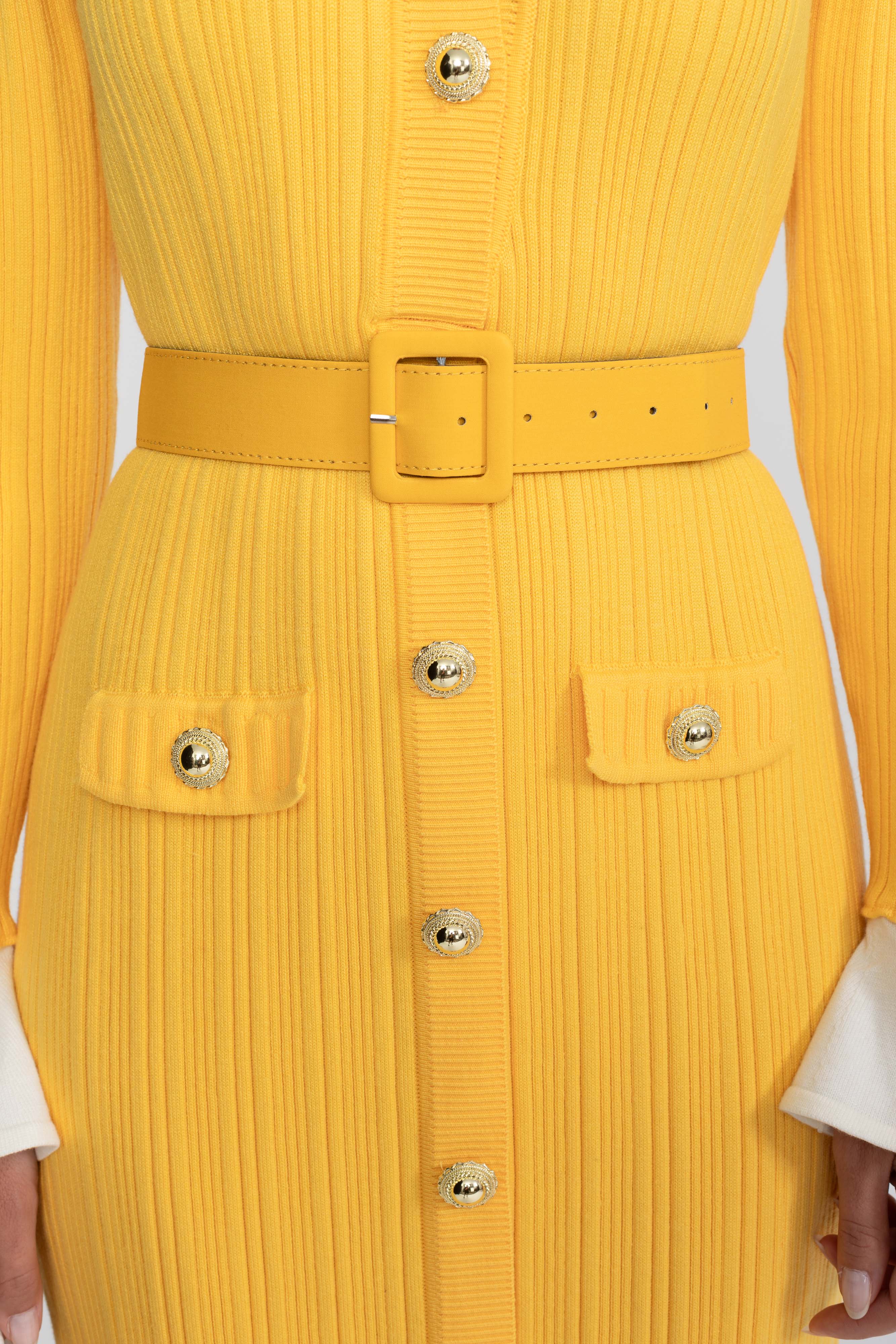 Ribbed Knit Belted Midi Dress With White Cuffs And Collar - Yellow