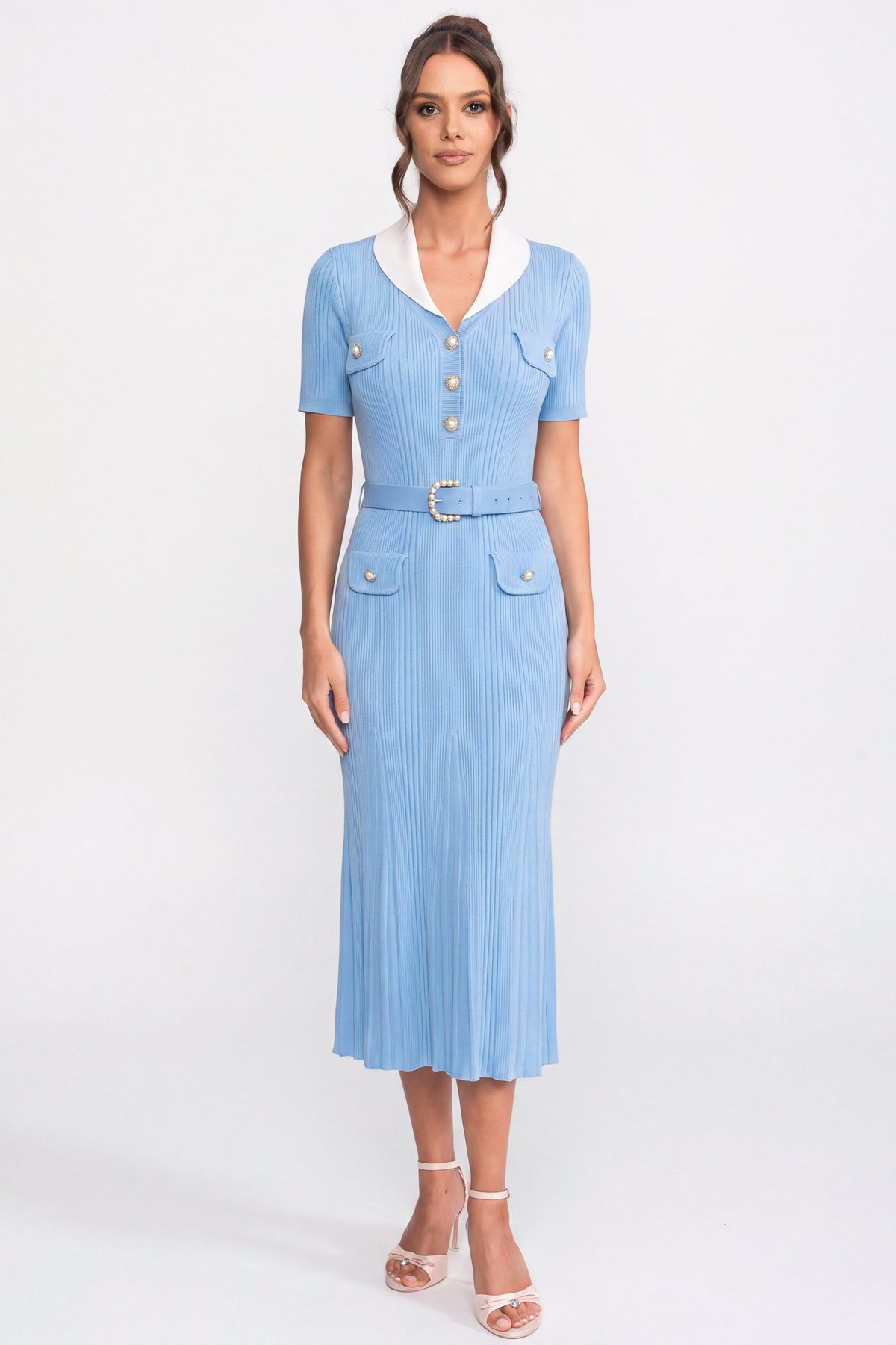 Ribbed Knit Midi Dress With White Collar And Pearl Belt - Light Blue