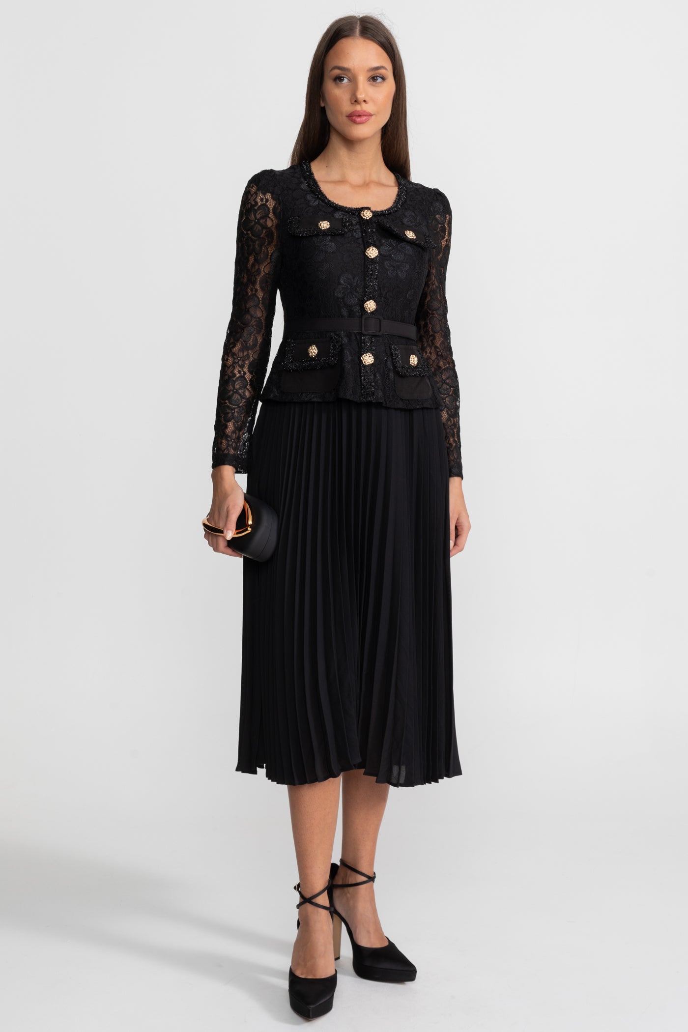 Lace and Pleated Midi Dress with Gold Button Detailing - Black