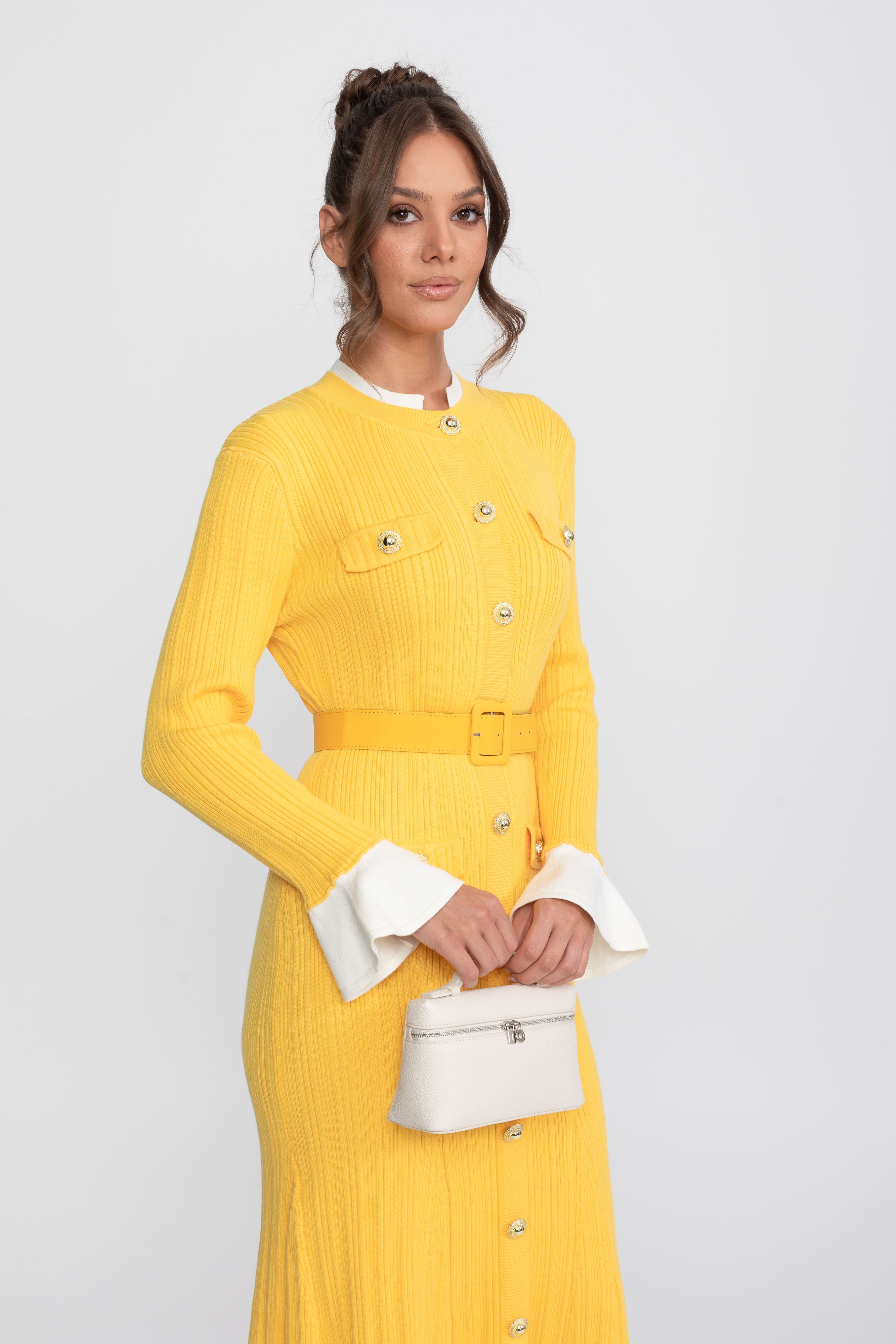 Ribbed Knit Belted Midi Dress With White Cuffs And Collar - Yellow