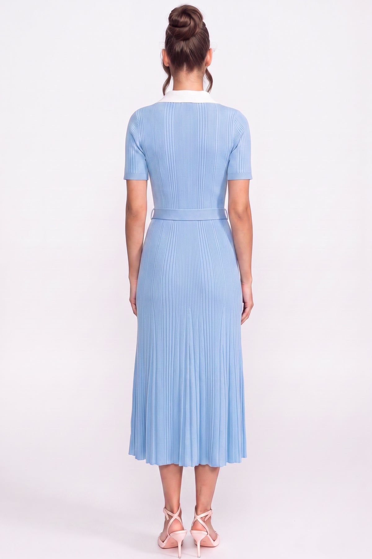 Ribbed Knit Midi Dress With White Collar And Pearl Belt - Light Blue