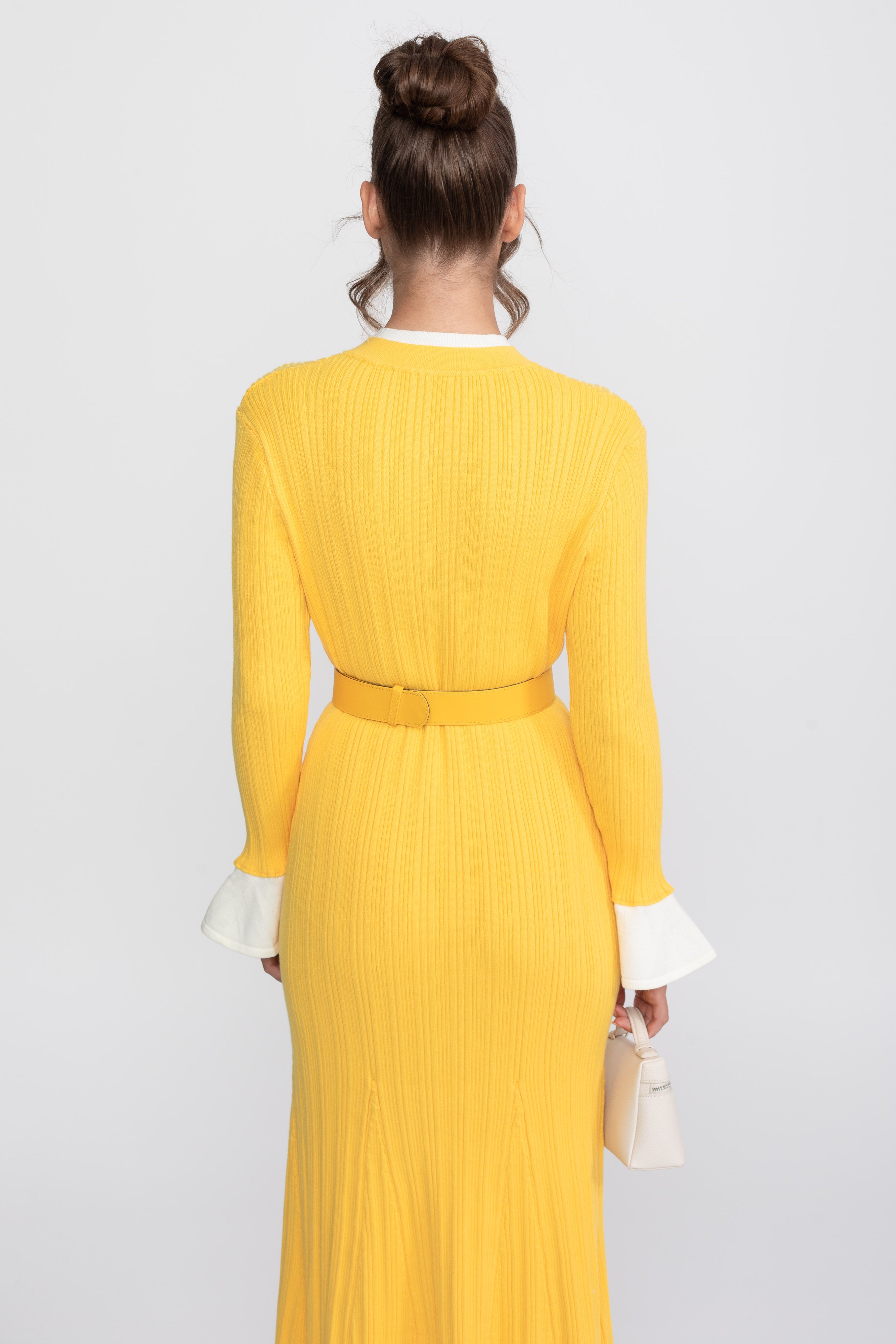 Ribbed Knit Belted Midi Dress With White Cuffs And Collar - Yellow