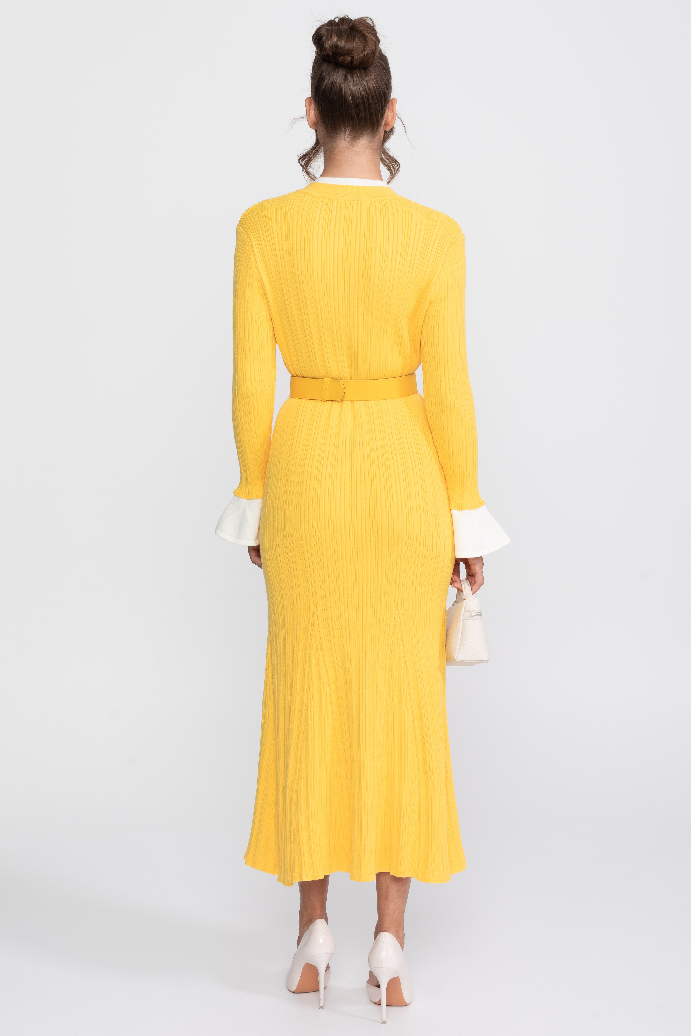 Ribbed Knit Belted Midi Dress With White Cuffs And Collar - Yellow