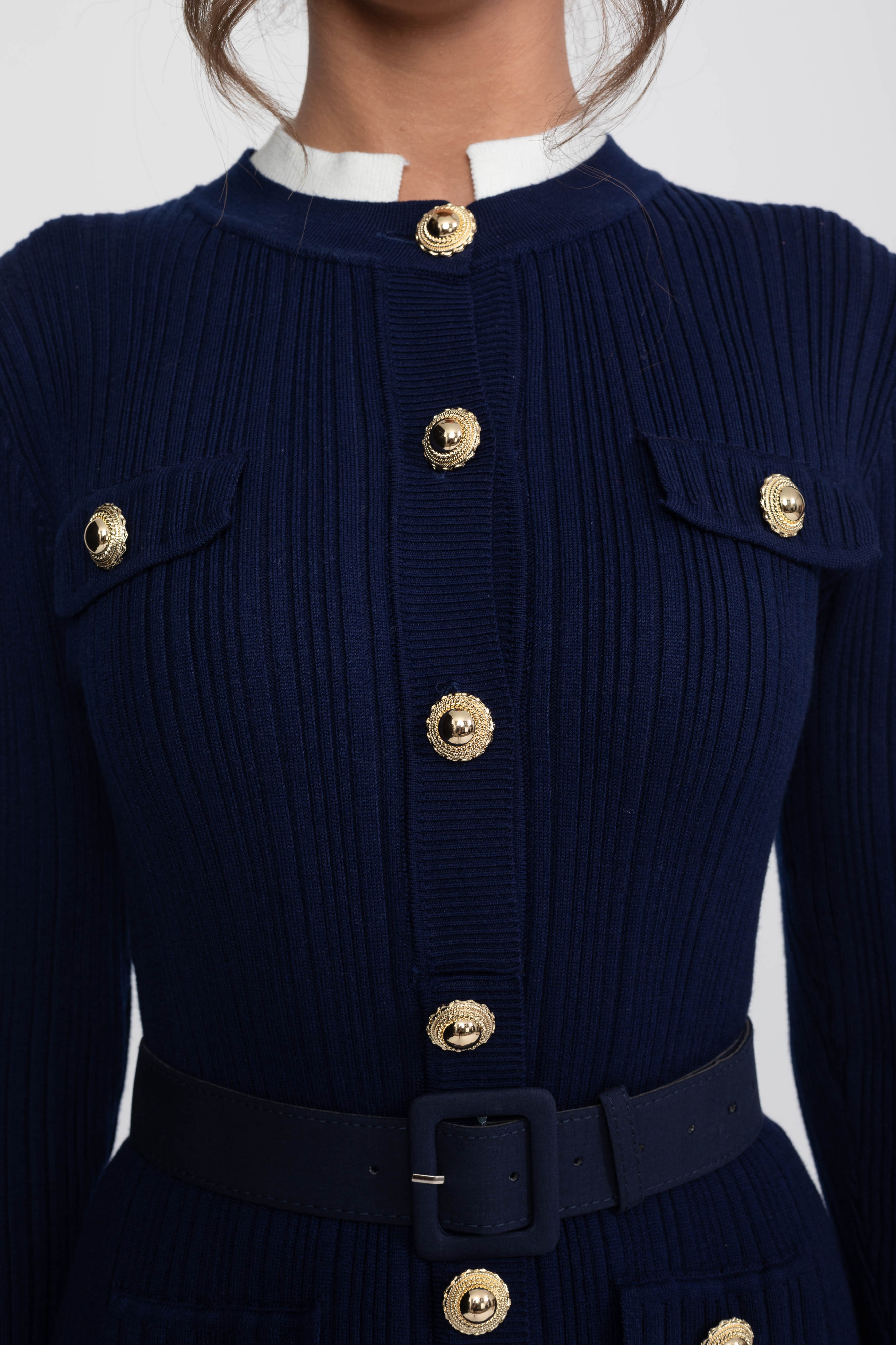 Ribbed Knit Belted Midi Dress With White Cuffs And Collar - Navy