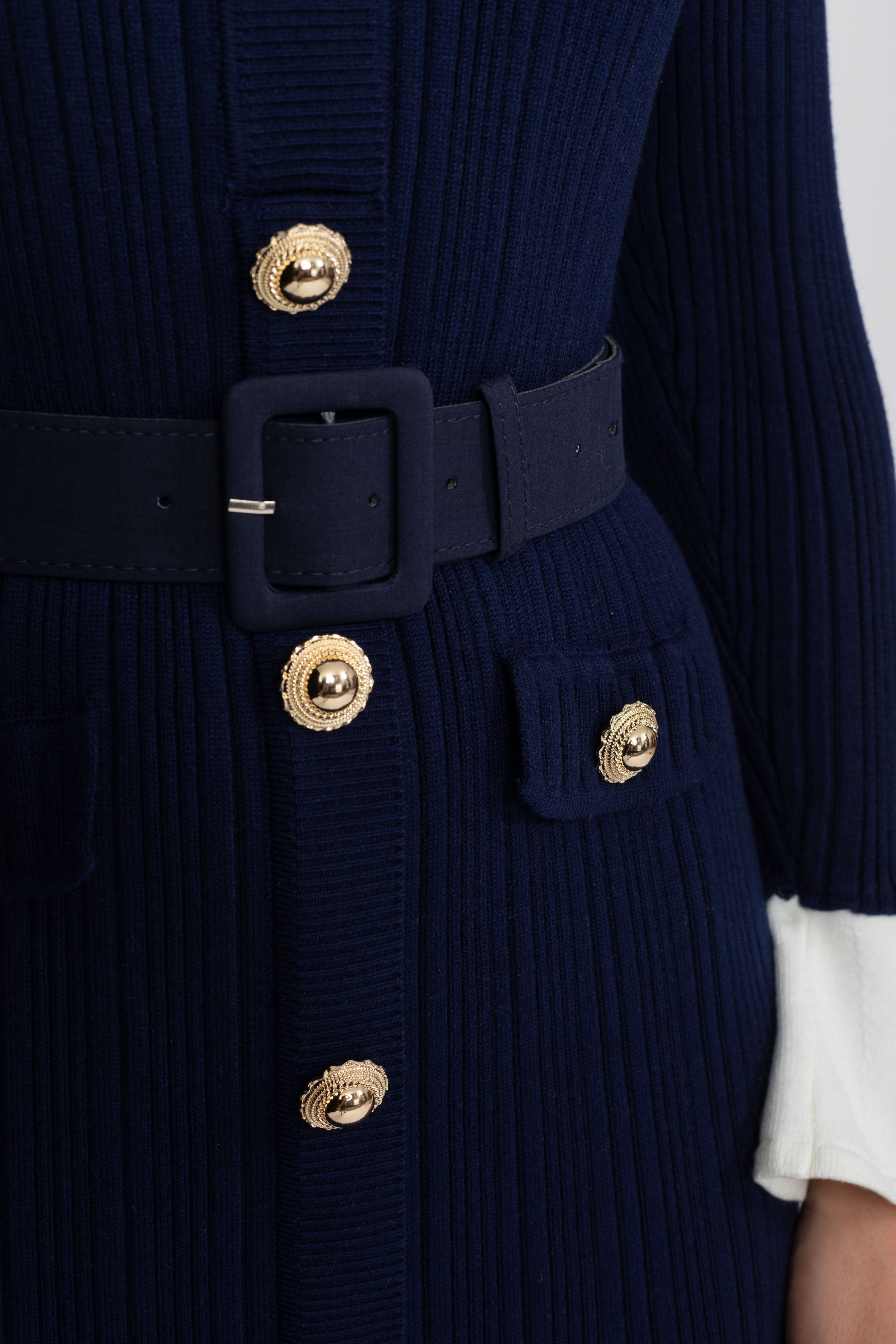 Ribbed Knit Belted Midi Dress With White Cuffs And Collar - Navy