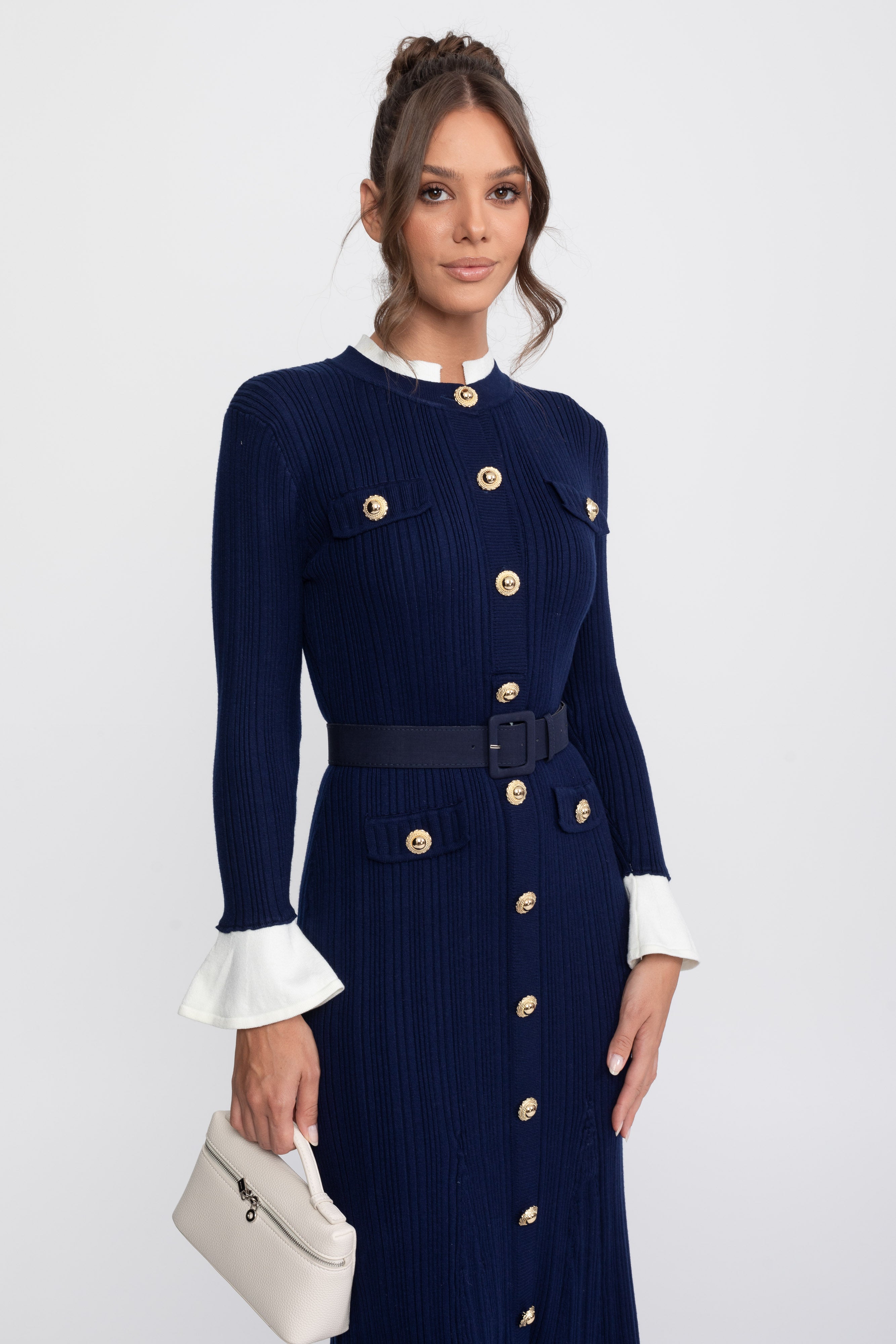 Ribbed Knit Belted Midi Dress With White Cuffs And Collar - Navy