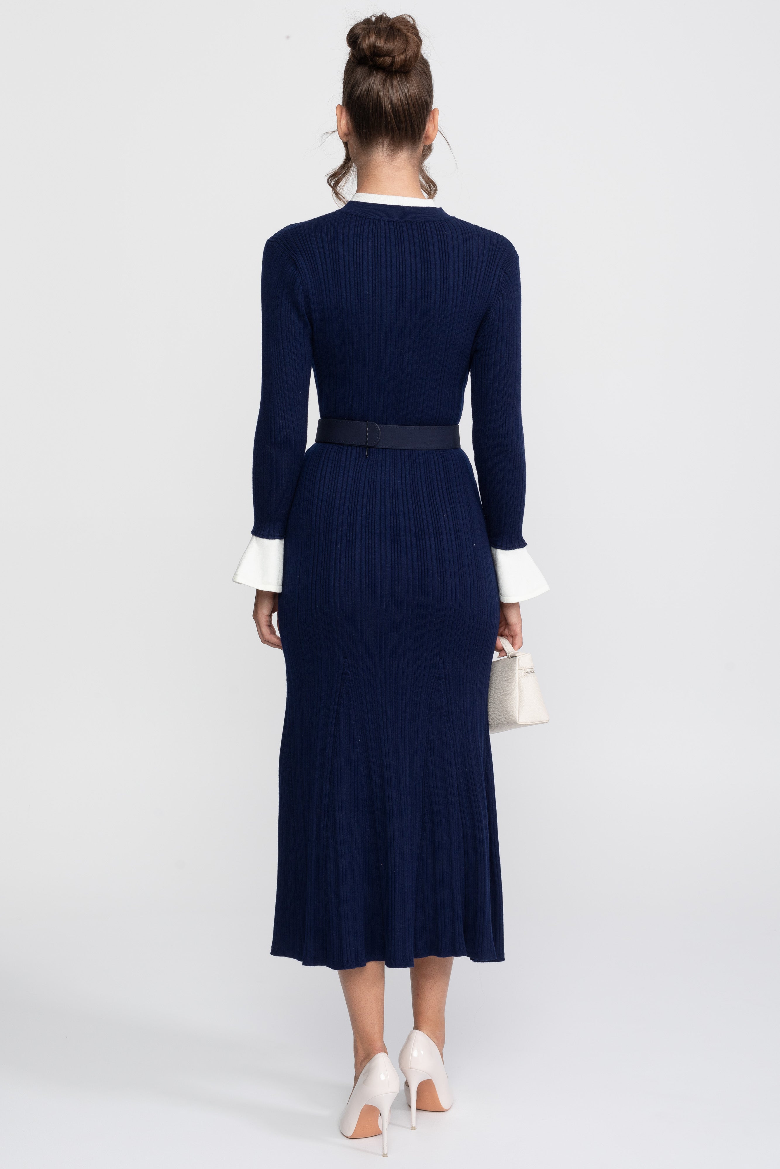 Ribbed Knit Belted Midi Dress With White Cuffs And Collar - Navy