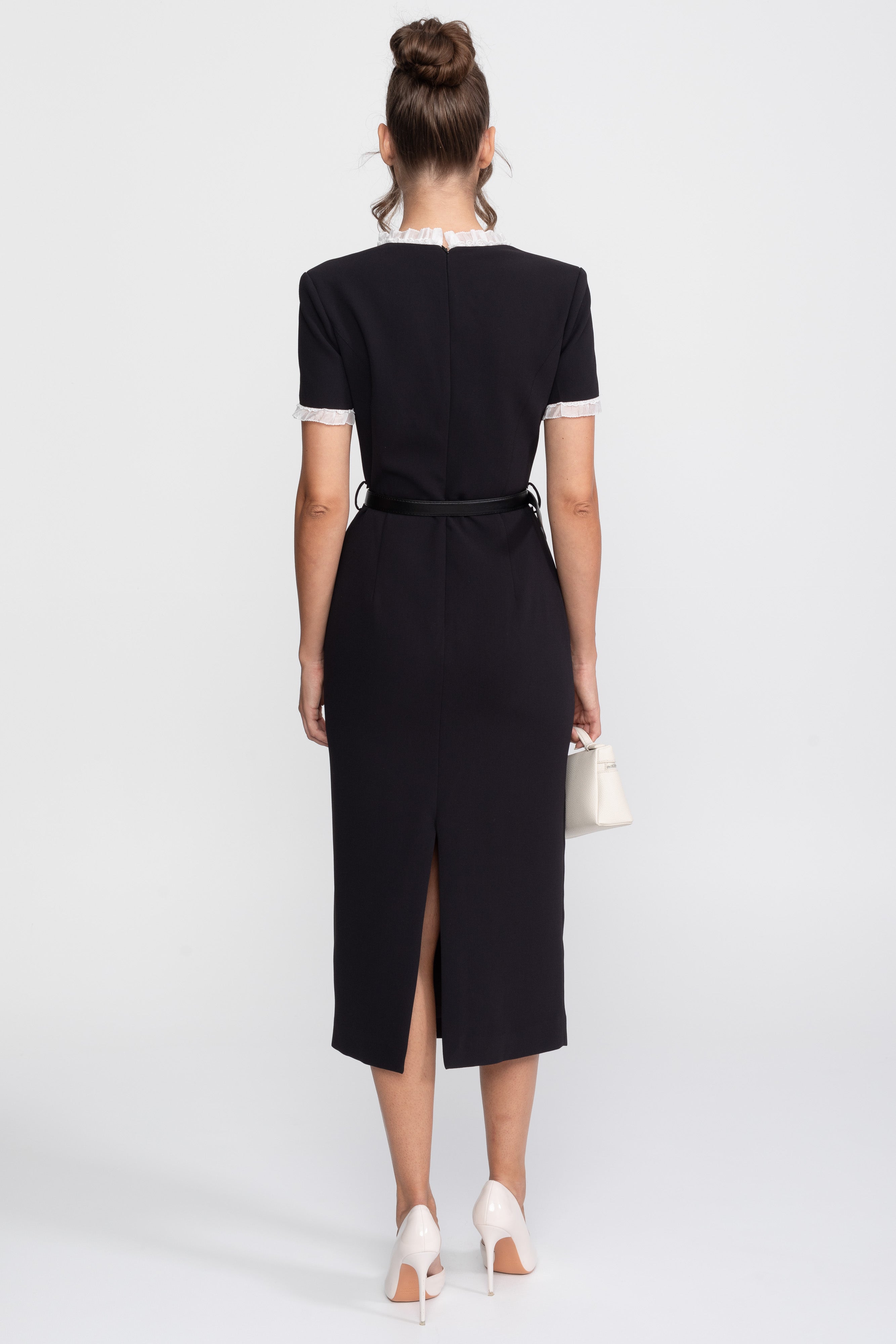Square Neck Belted Midi Dress With White Ruffle Trim - Black