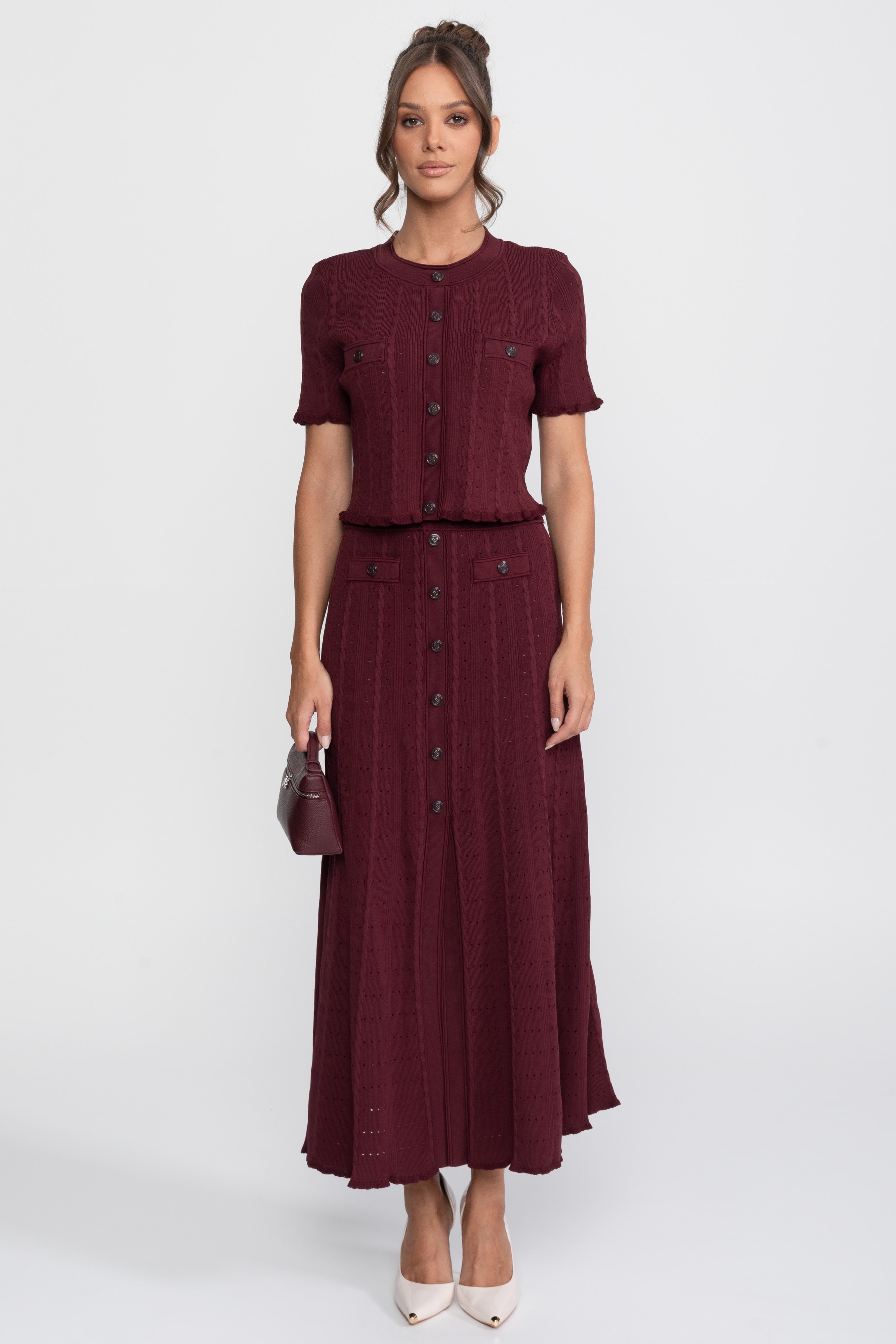Ribbed Knit Co-Ord Set With Buttoned Front Cardigan And Matching Maxi Skirt - Burgundy