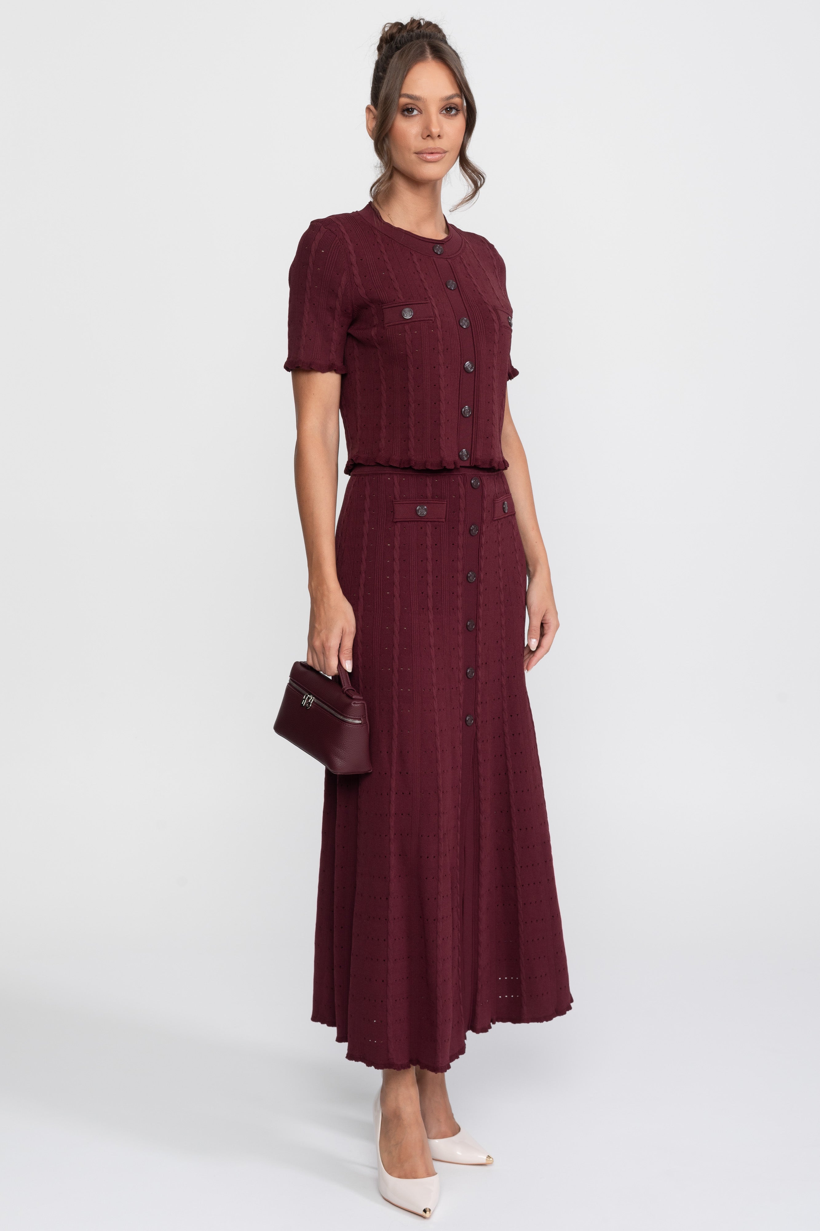 Ribbed Knit Co-Ord Set With Buttoned Front Cardigan And Matching Maxi Skirt - Burgundy