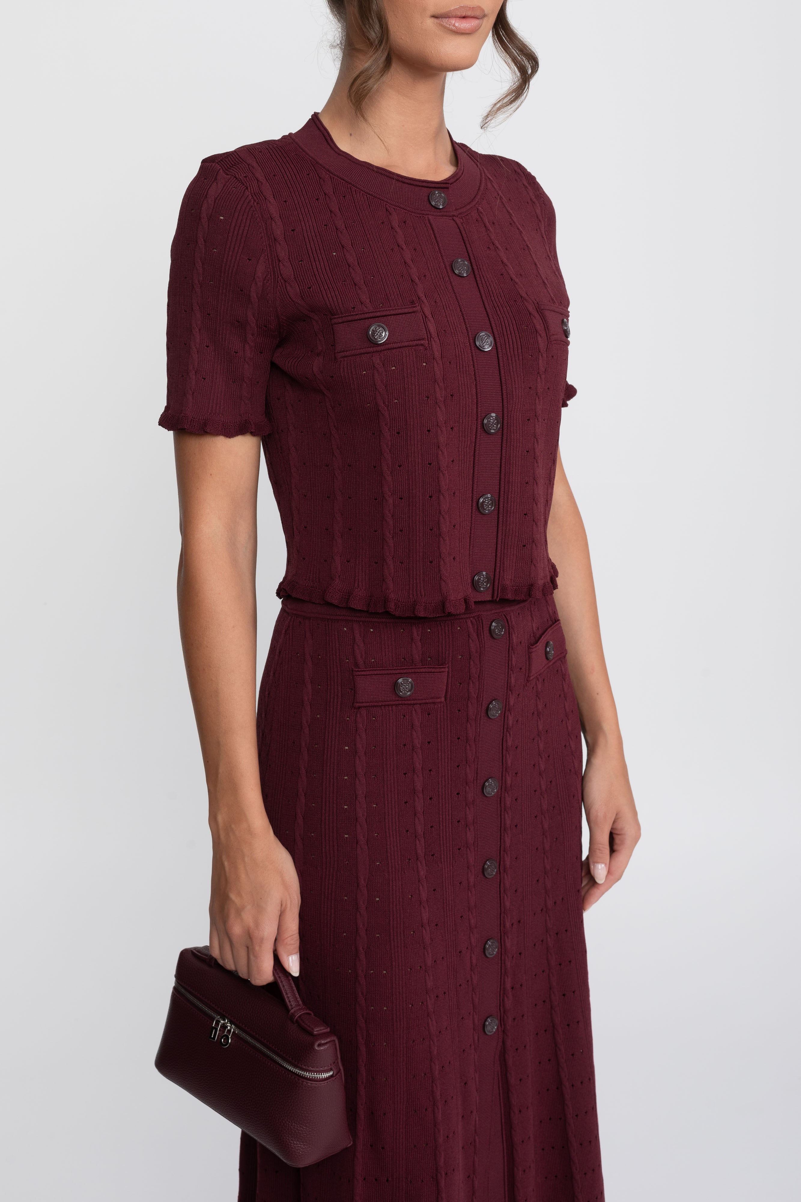 Ribbed Knit Co-Ord Set With Buttoned Front Cardigan And Matching Maxi Skirt - Burgundy
