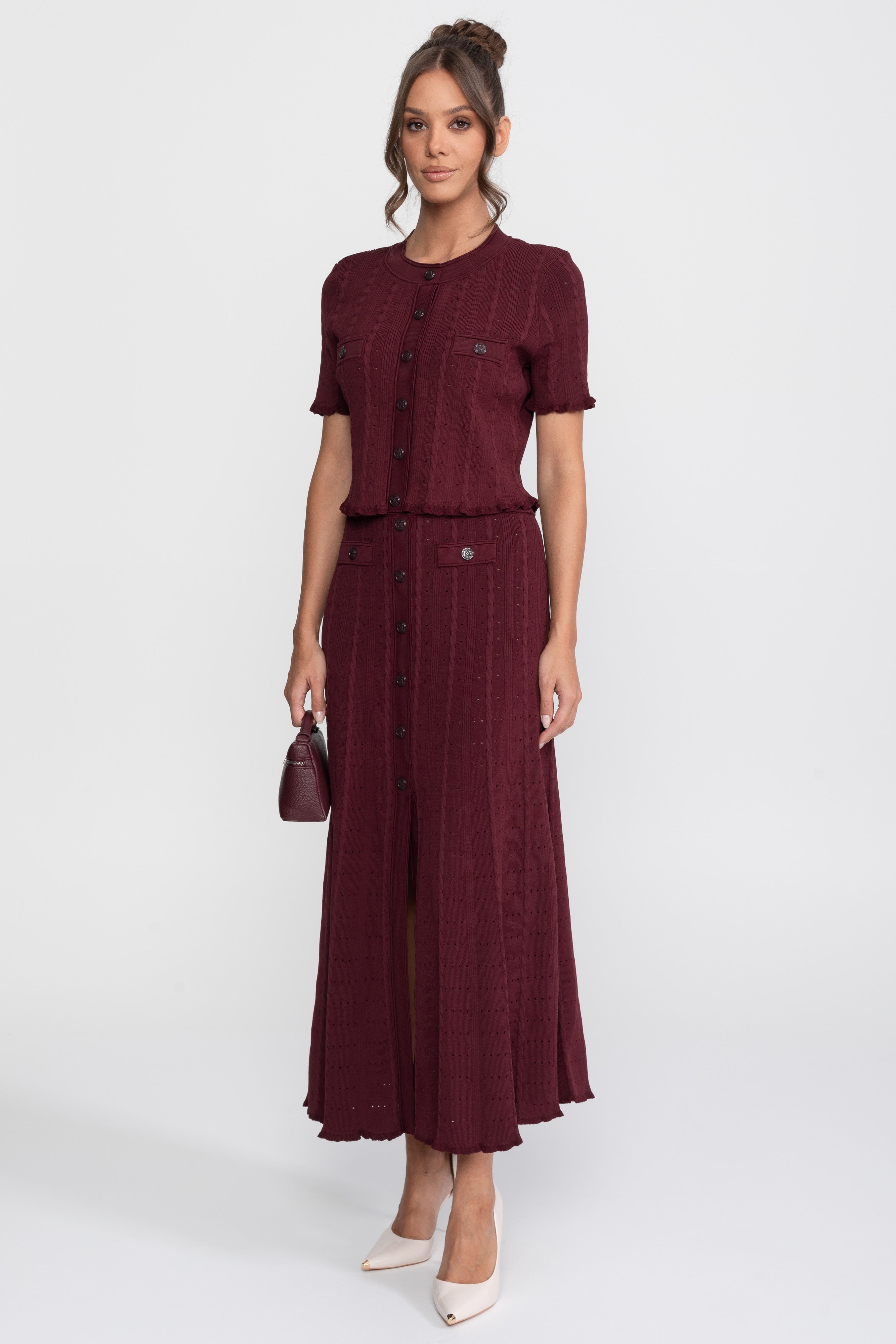 Ribbed Knit Co-Ord Set With Buttoned Front Cardigan And Matching Maxi Skirt - Burgundy