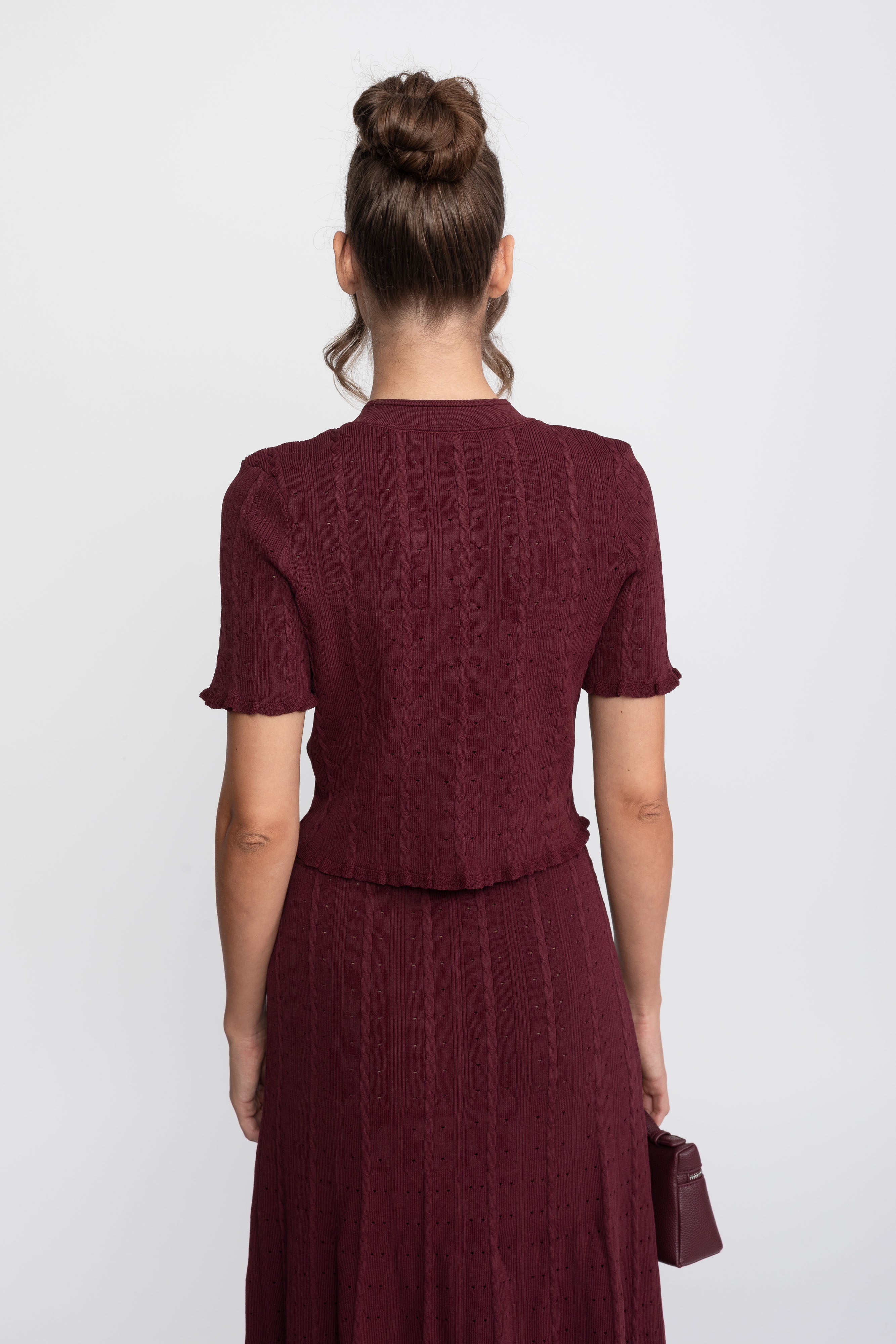 Ribbed Knit Co-Ord Set With Buttoned Front Cardigan And Matching Maxi Skirt - Burgundy