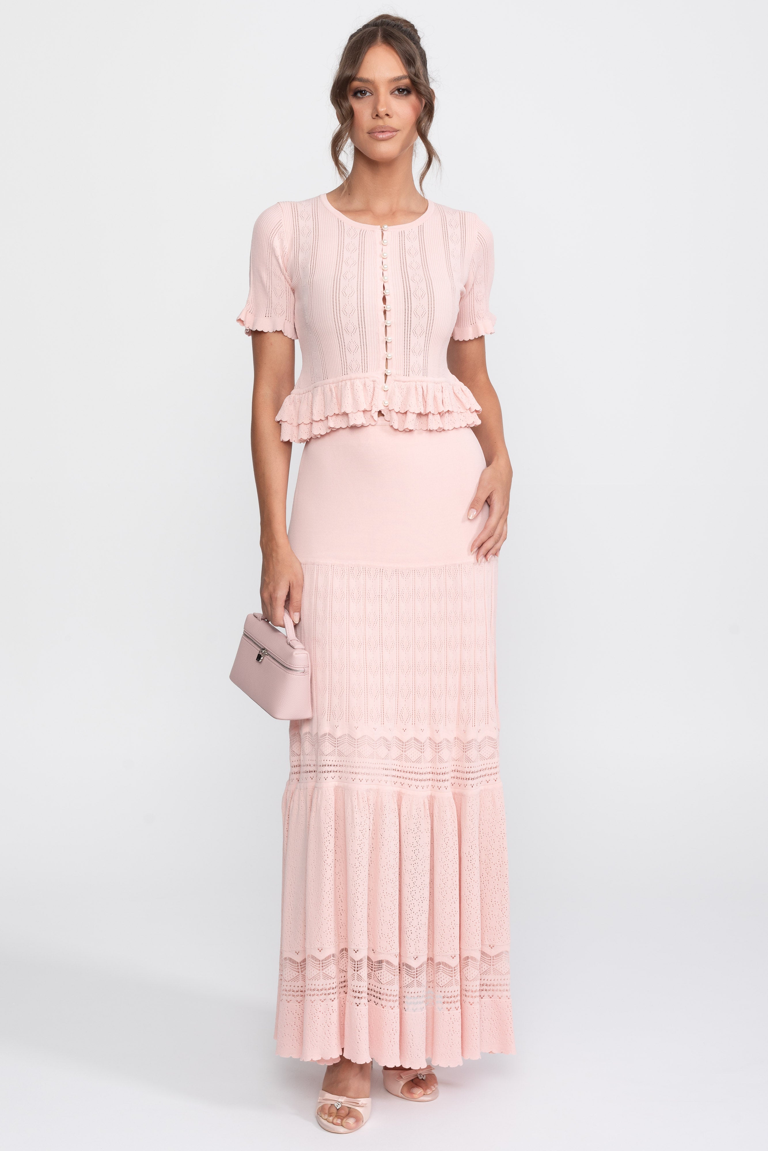Two-Piece Knit Co-Ord Set With Ruffled Waist - Pink