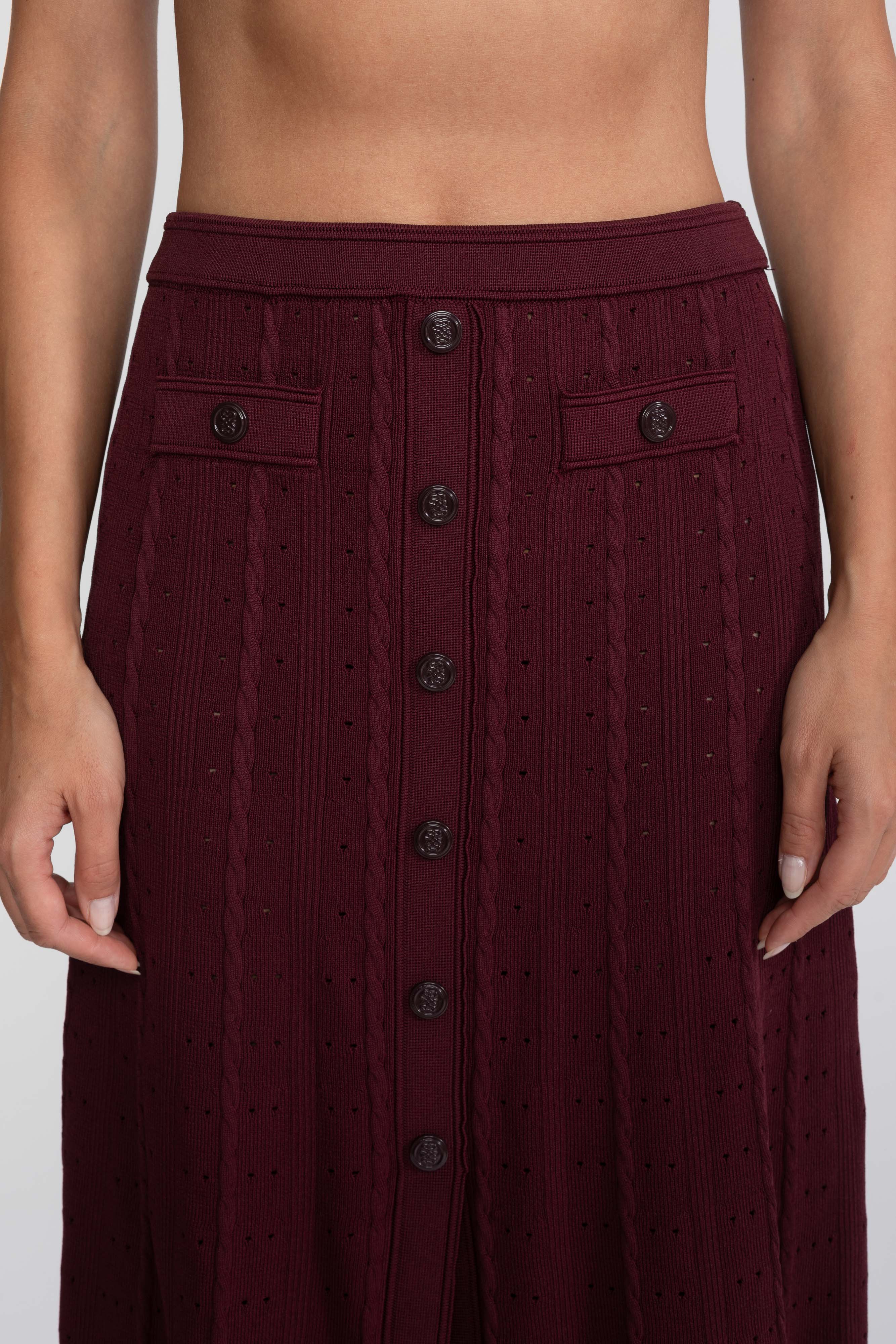 Ribbed Knit Co-Ord Set With Buttoned Front Cardigan And Matching Maxi Skirt - Burgundy