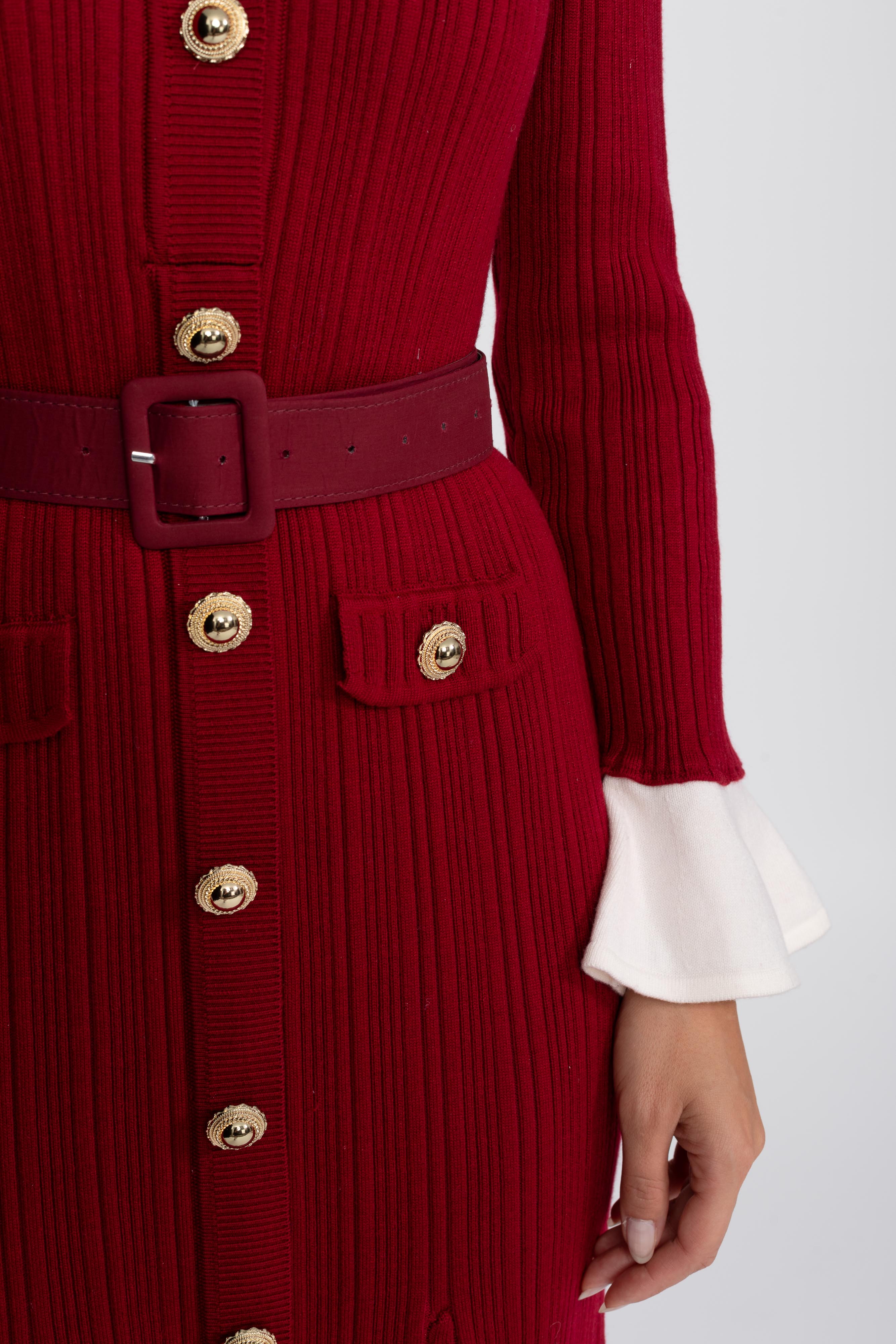 Ribbed Knit Belted Midi Dress With White Cuffs And Collar - Burgundy