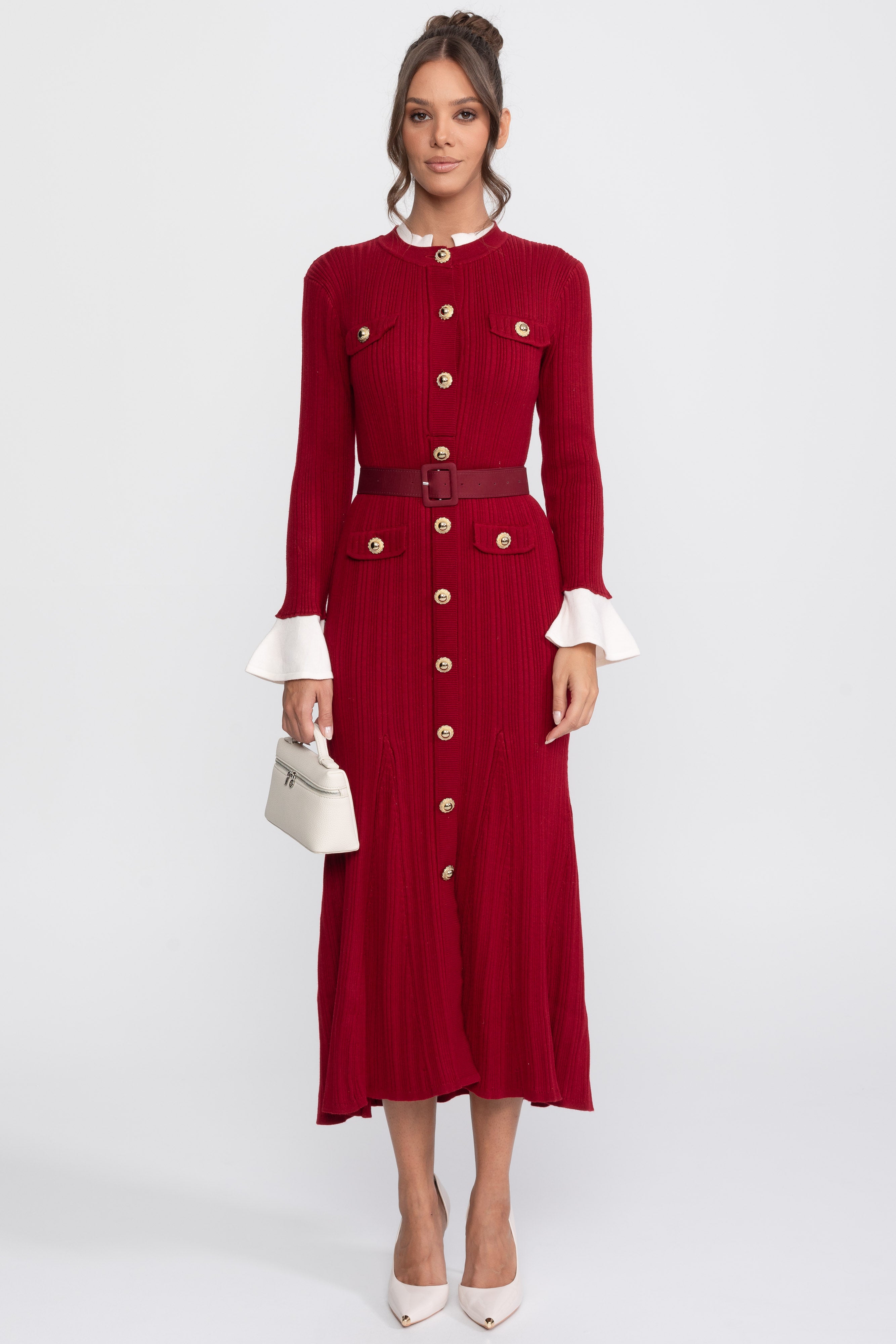 Ribbed Knit Belted Midi Dress With White Cuffs And Collar - Burgundy