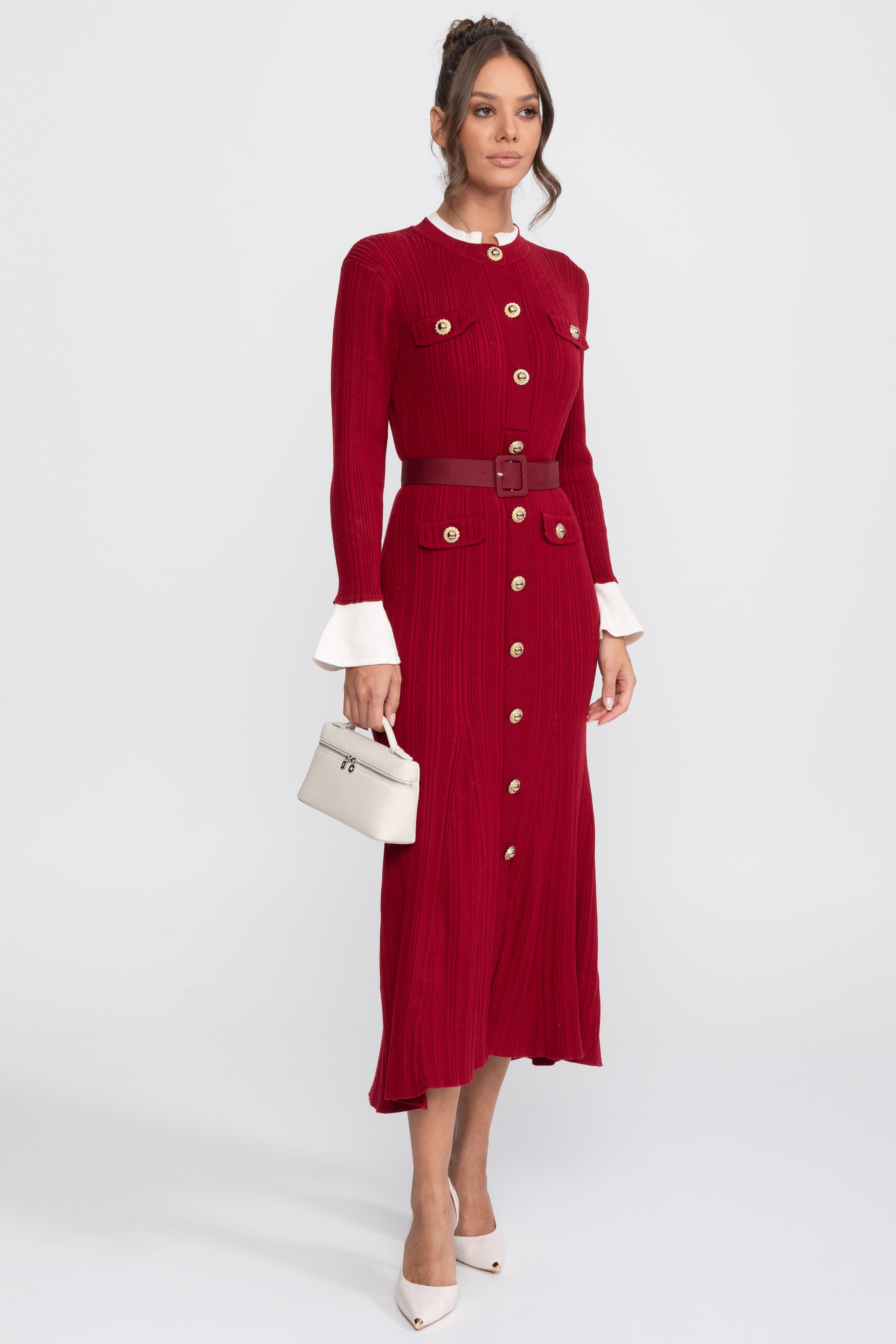 Ribbed Knit Belted Midi Dress With White Cuffs And Collar - Burgundy