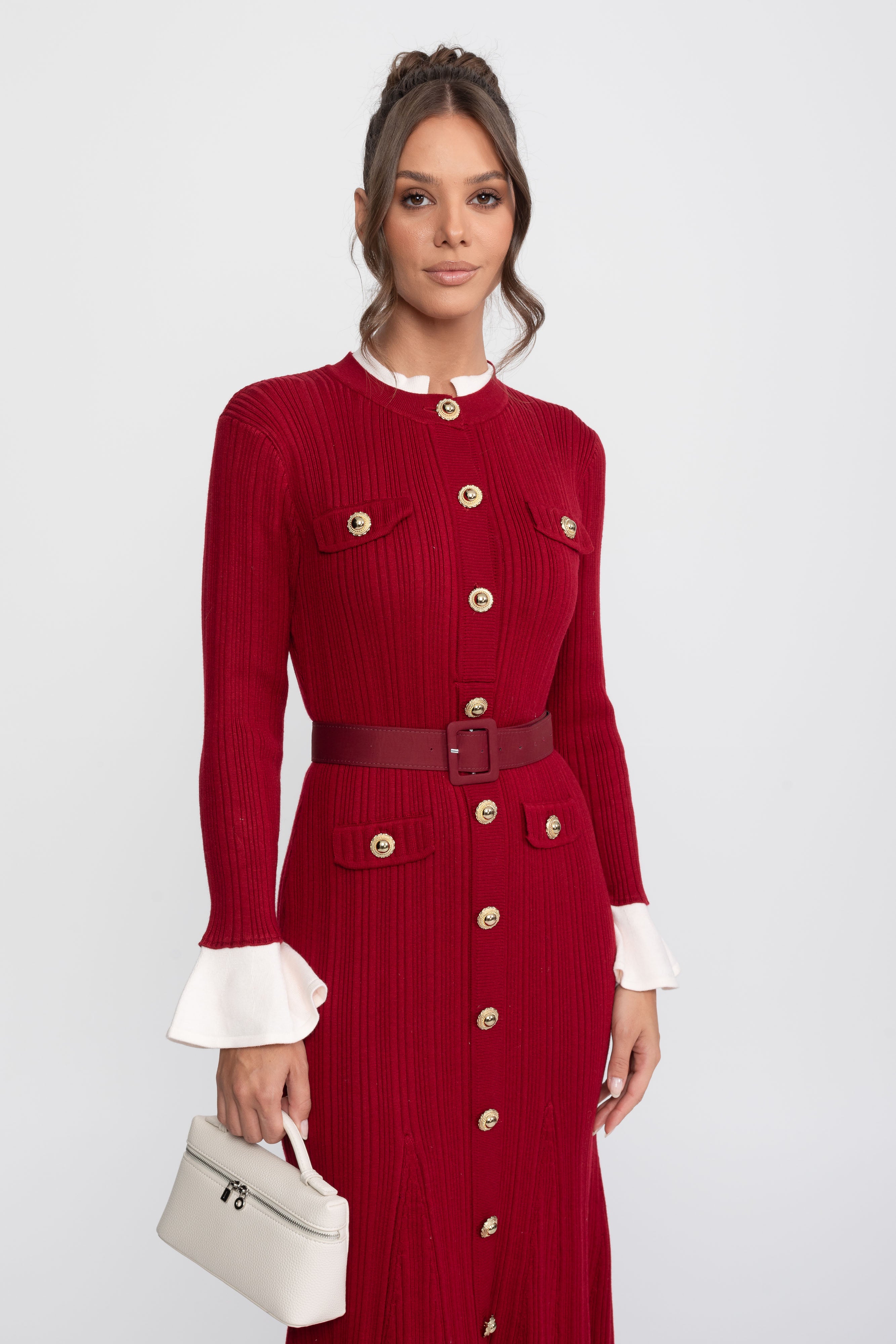 Ribbed Knit Belted Midi Dress With White Cuffs And Collar - Burgundy